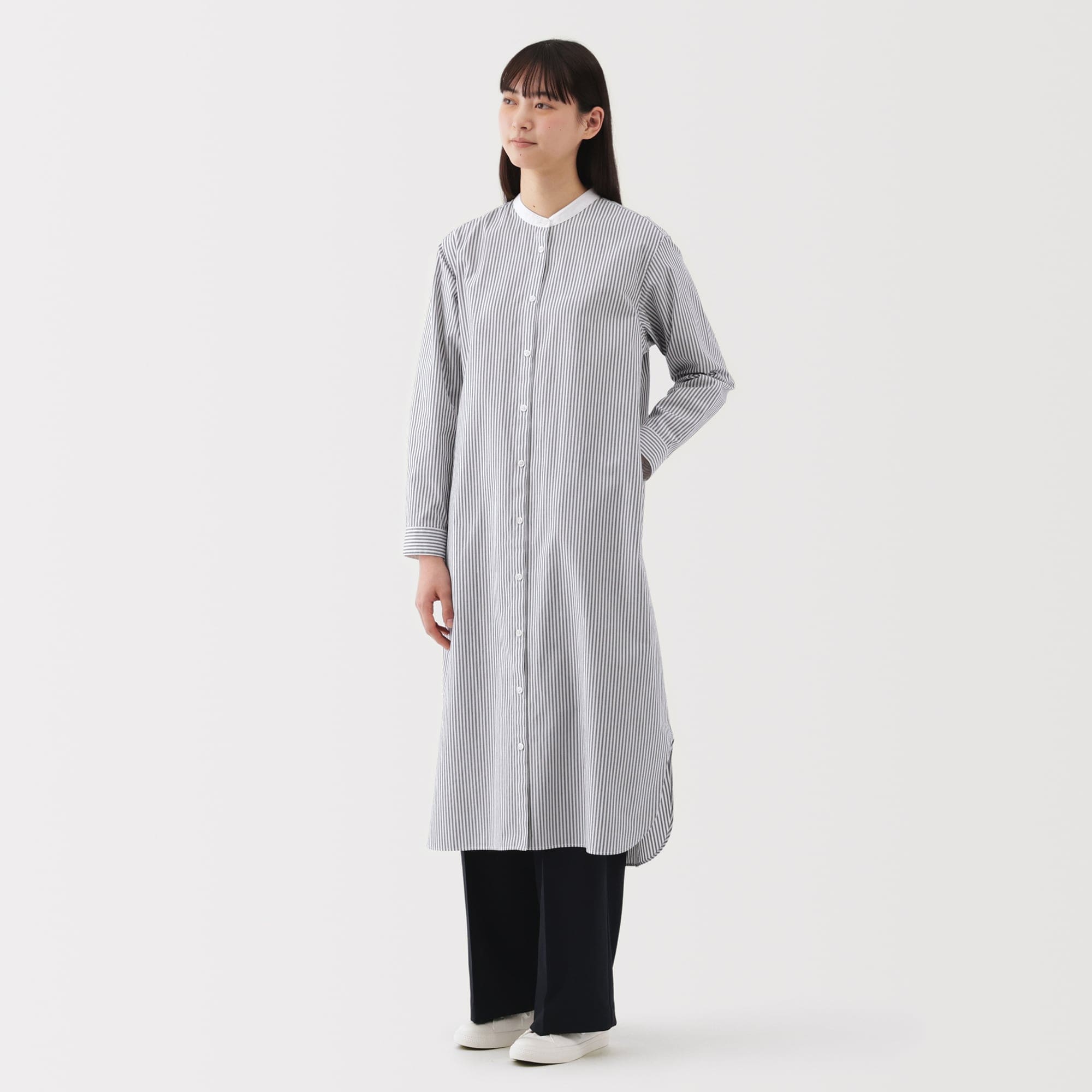 婦人 洗いざらし ブロードスタンドカラー長袖ワンピース | 無印良品