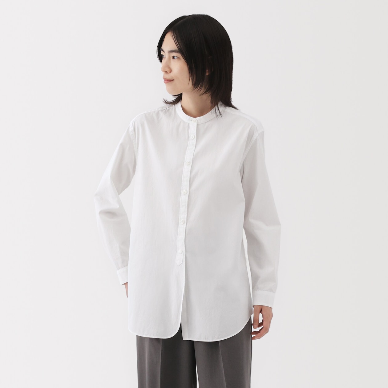 婦人　洗いざらし　ブロードスタンドカラーロングシャツ
