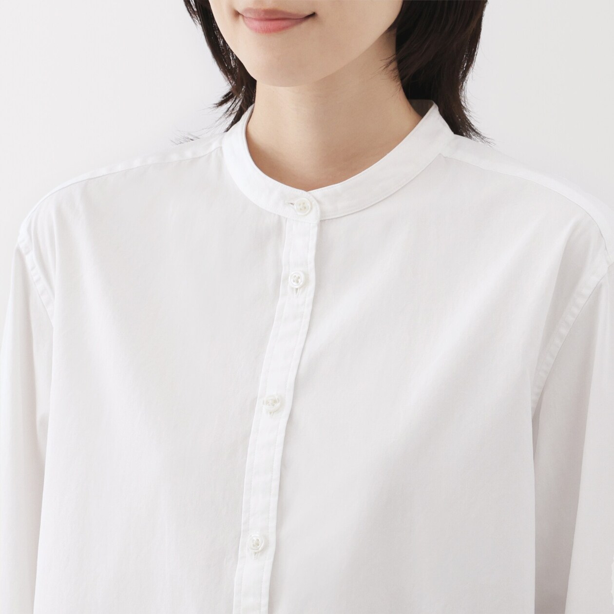 婦人　洗いざらし　ブロードスタンドカラーロングシャツ