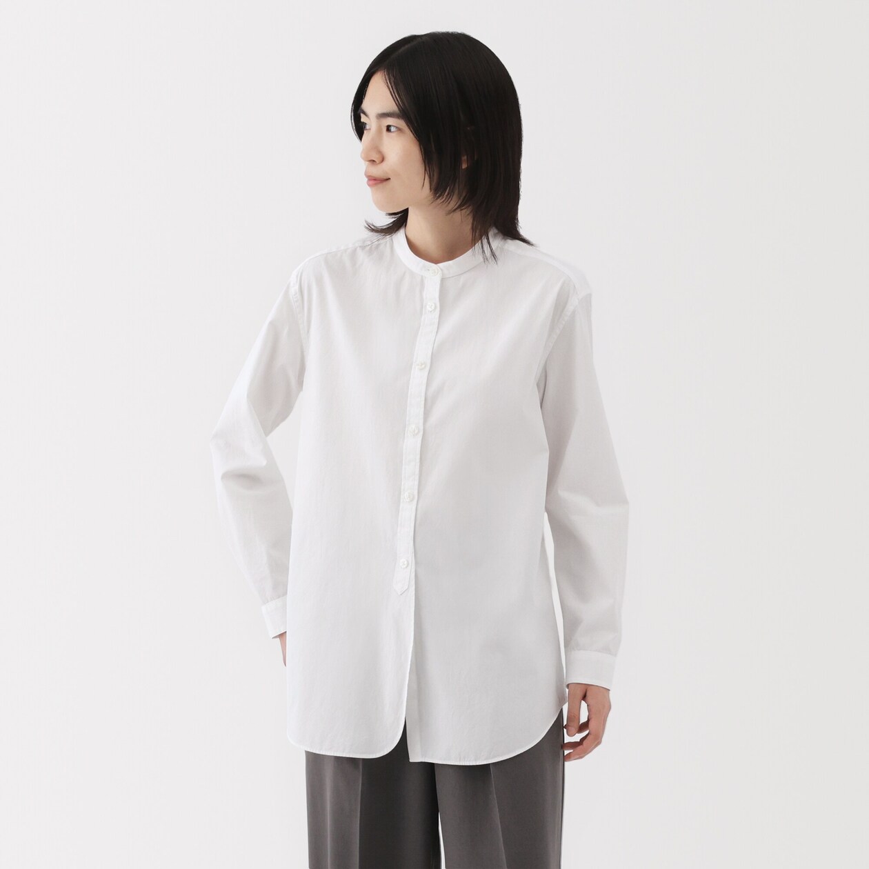 婦人　洗いざらし　ブロードスタンドカラーロングシャツ