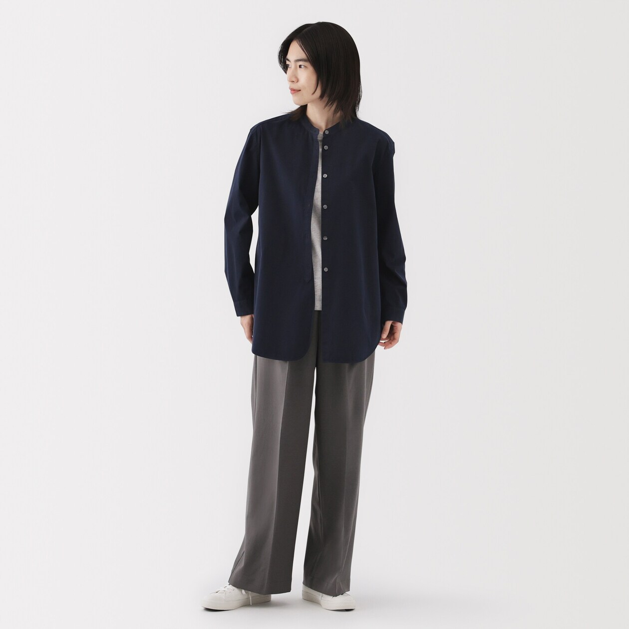 婦人　洗いざらし　ブロードスタンドカラーロングシャツ