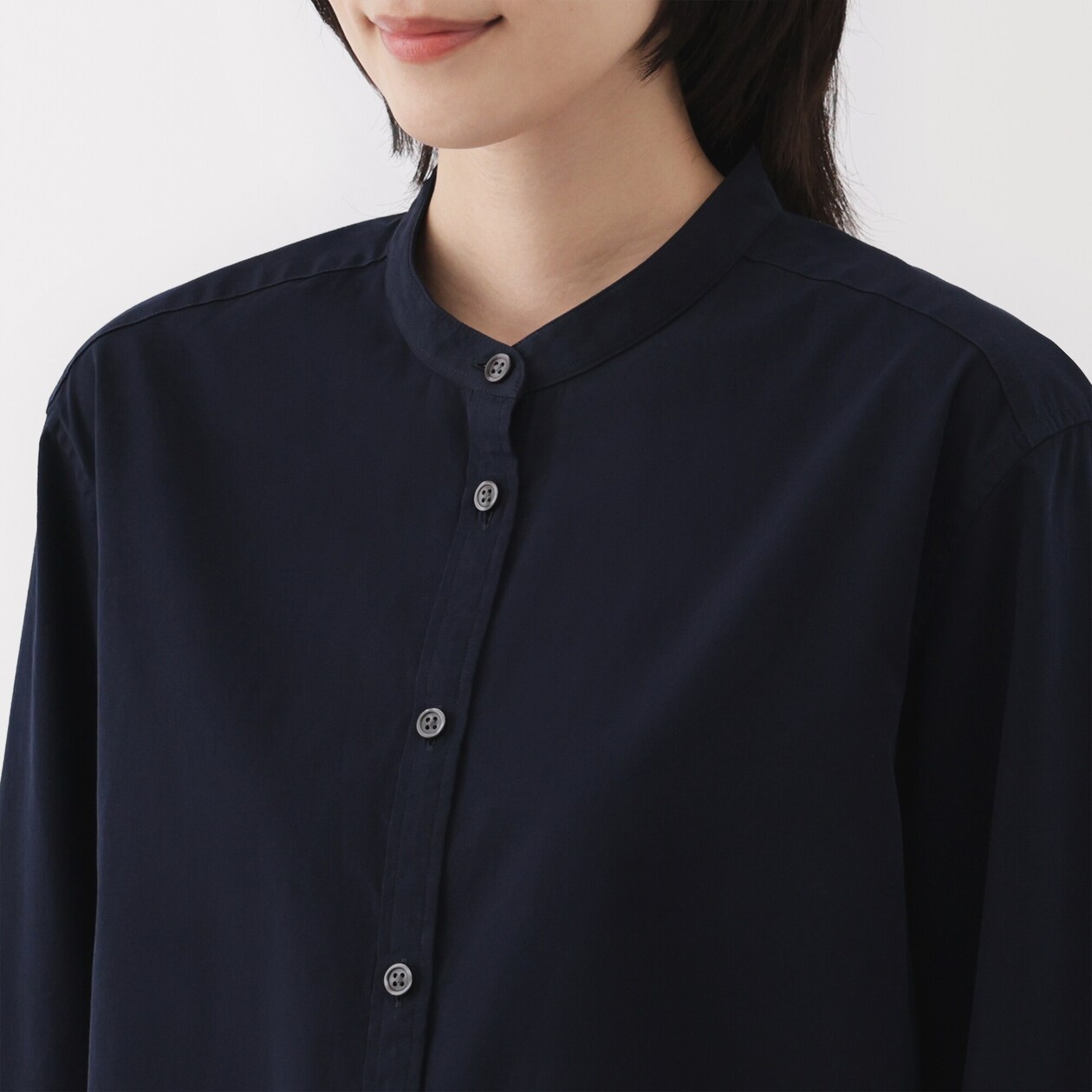 婦人　洗いざらし　ブロードスタンドカラーロングシャツ