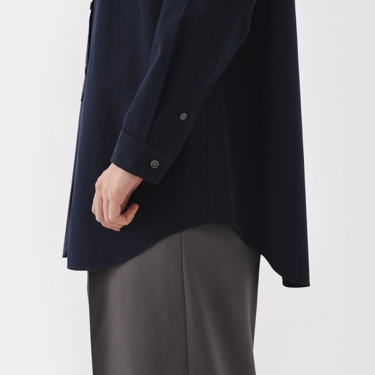 婦人　洗いざらし　ブロードスタンドカラーロングシャツ
