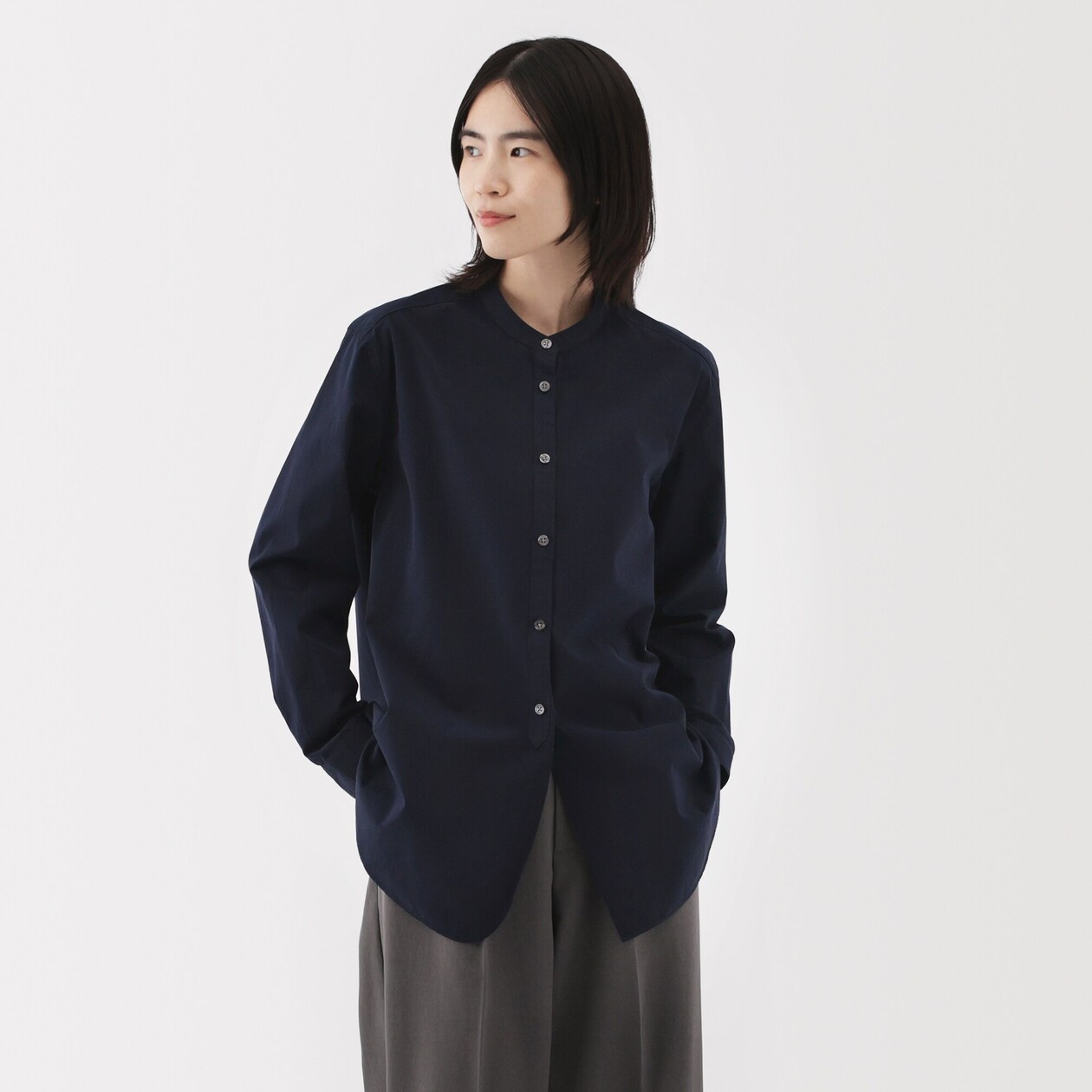 婦人　洗いざらし　ブロードスタンドカラーロングシャツ
