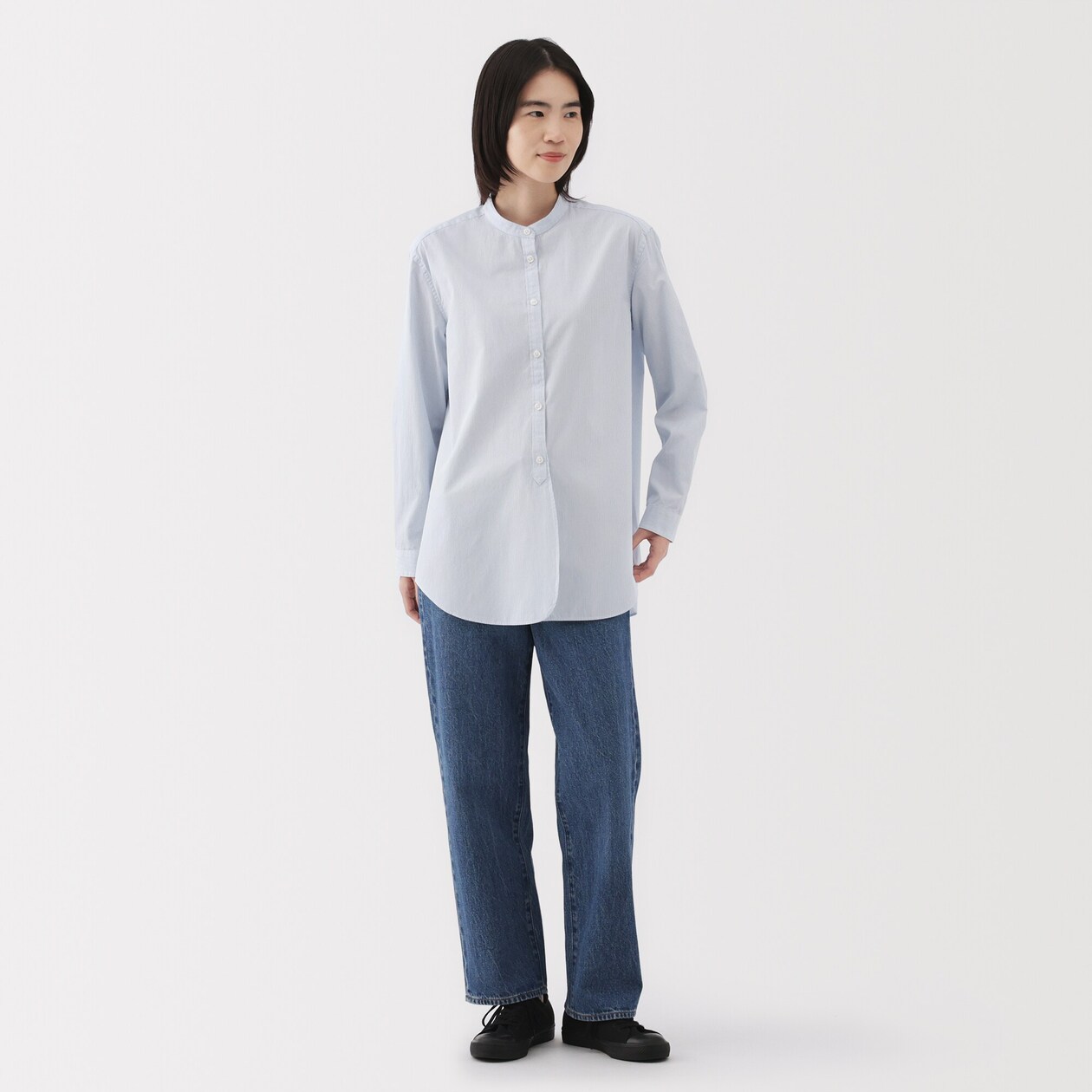 婦人　洗いざらし　ブロードスタンドカラーロングシャツ