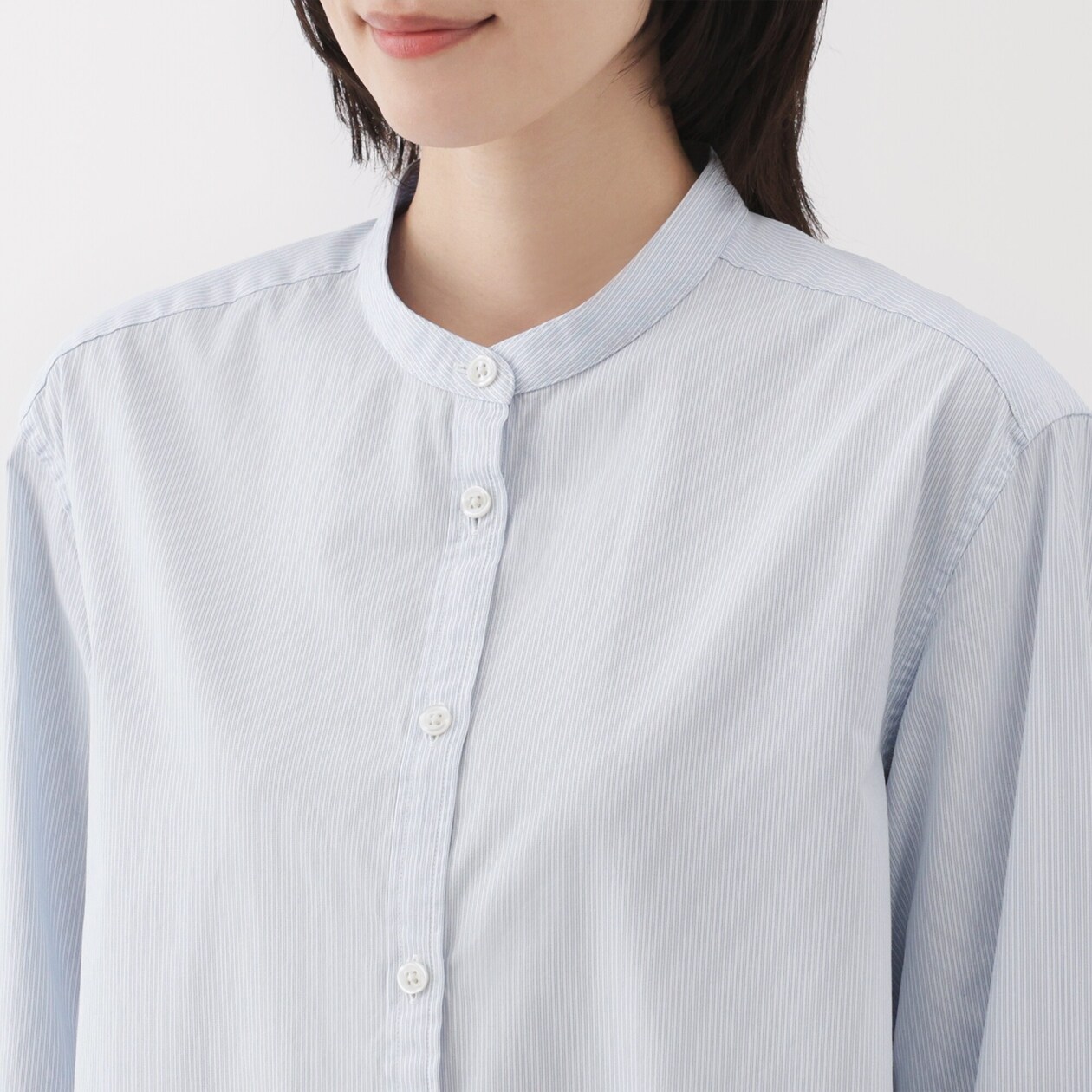 婦人　洗いざらし　ブロードスタンドカラーロングシャツ