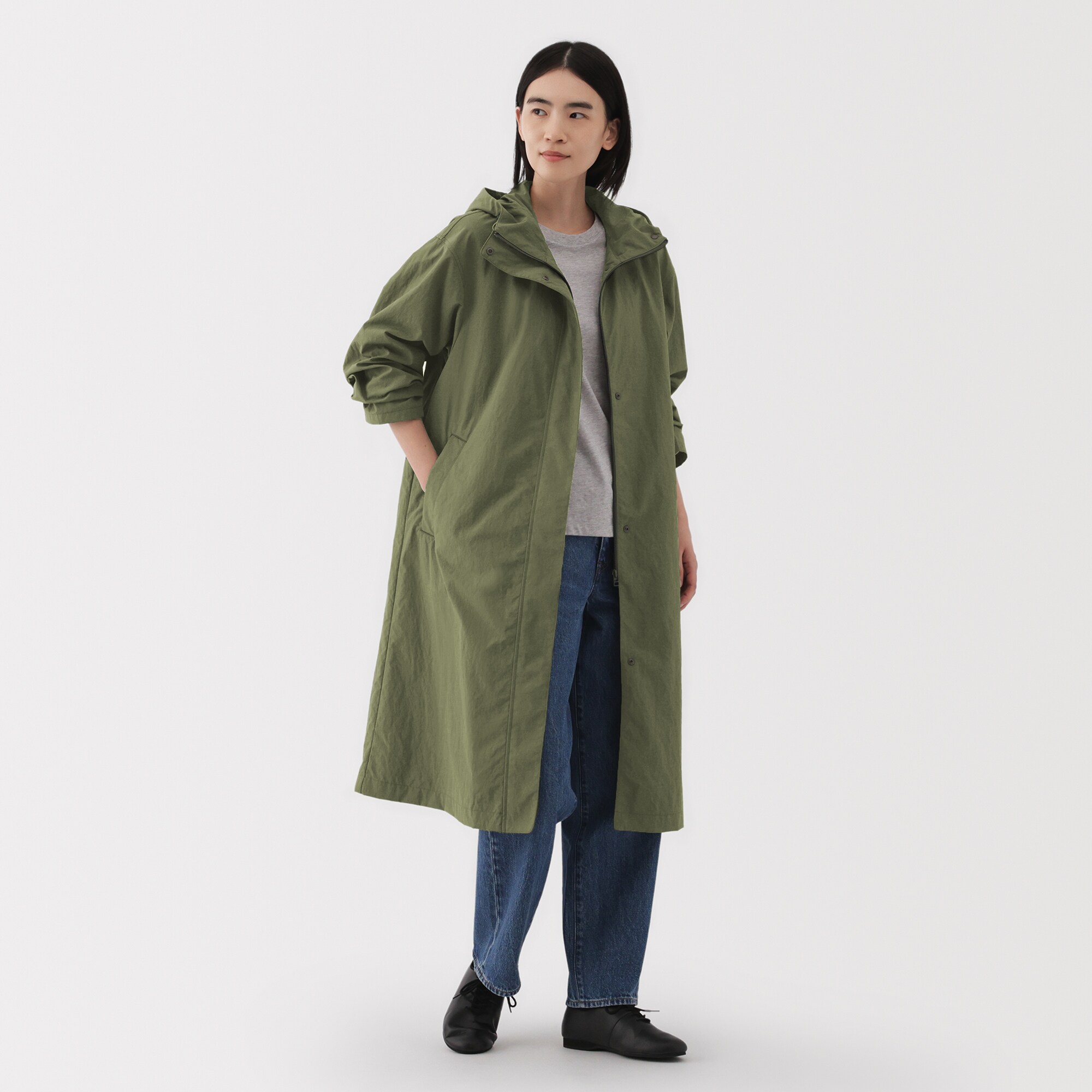 [新品] MUJI 撥水 フードコート カーキグリーン L 無印良品 婦人 撥水 フード付きコート | 無印良品