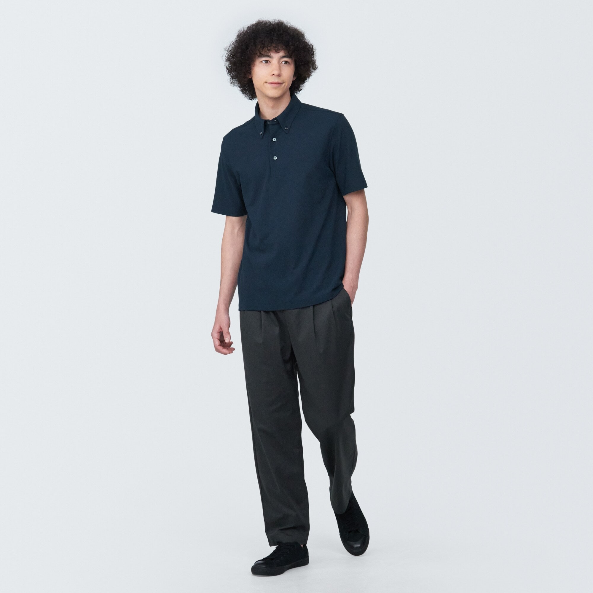 紳士　涼感ＵＶカット鹿の子編みボタンダウン半袖ポロシャツ