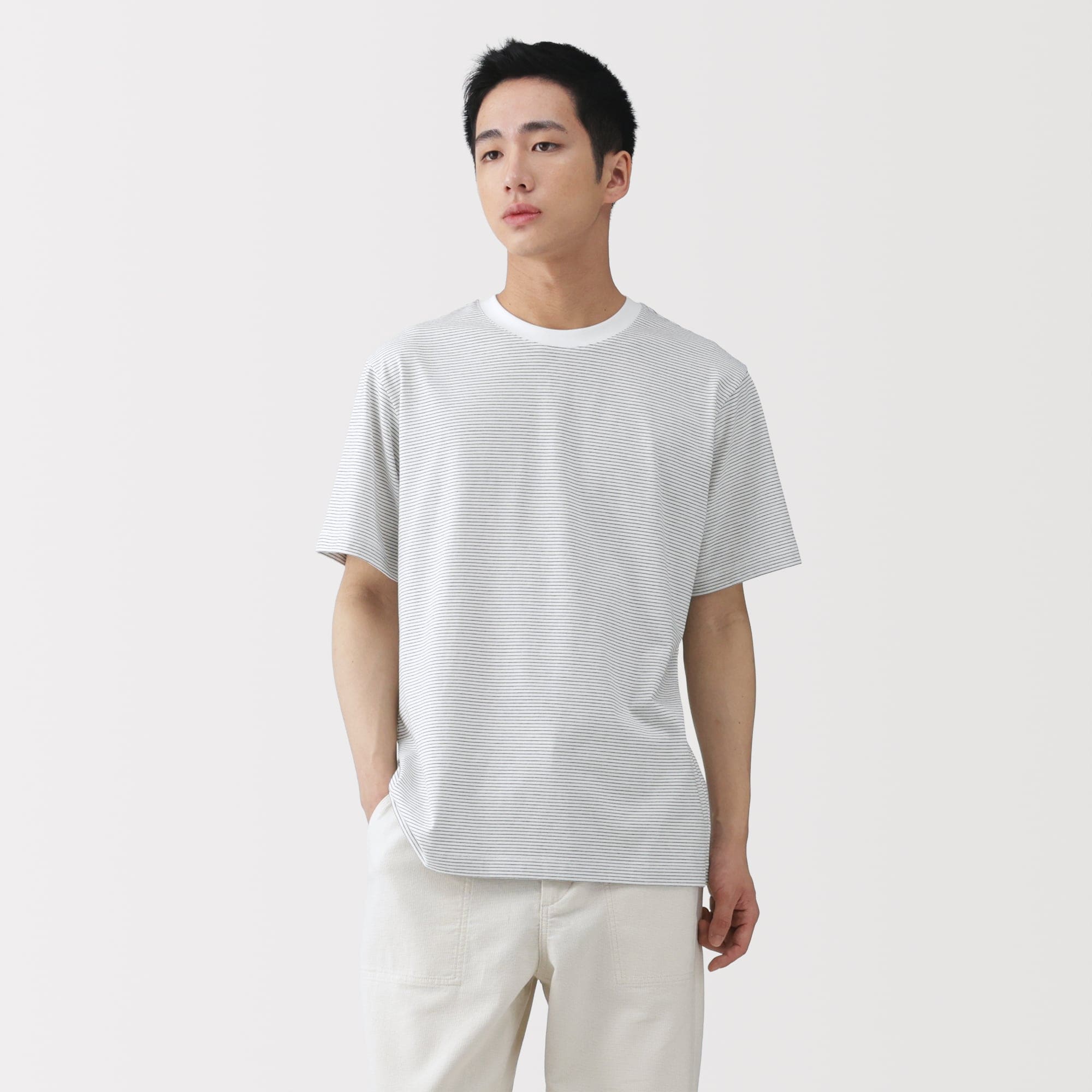 45R 未使用　天竺板締め絞り歳時記Tシャツ 紳士 天竺編みクルーネック半袖Tシャツ（ボーダー） | 無印良品