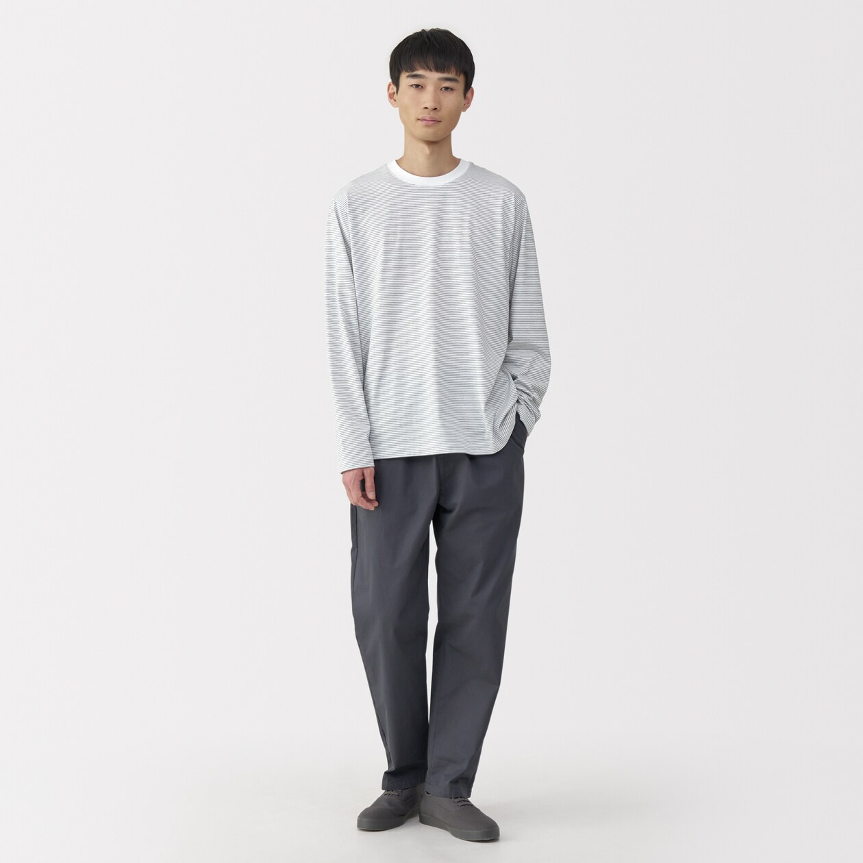 紳士　天竺編みクルーネック長袖Ｔシャツ（ボーダー）
