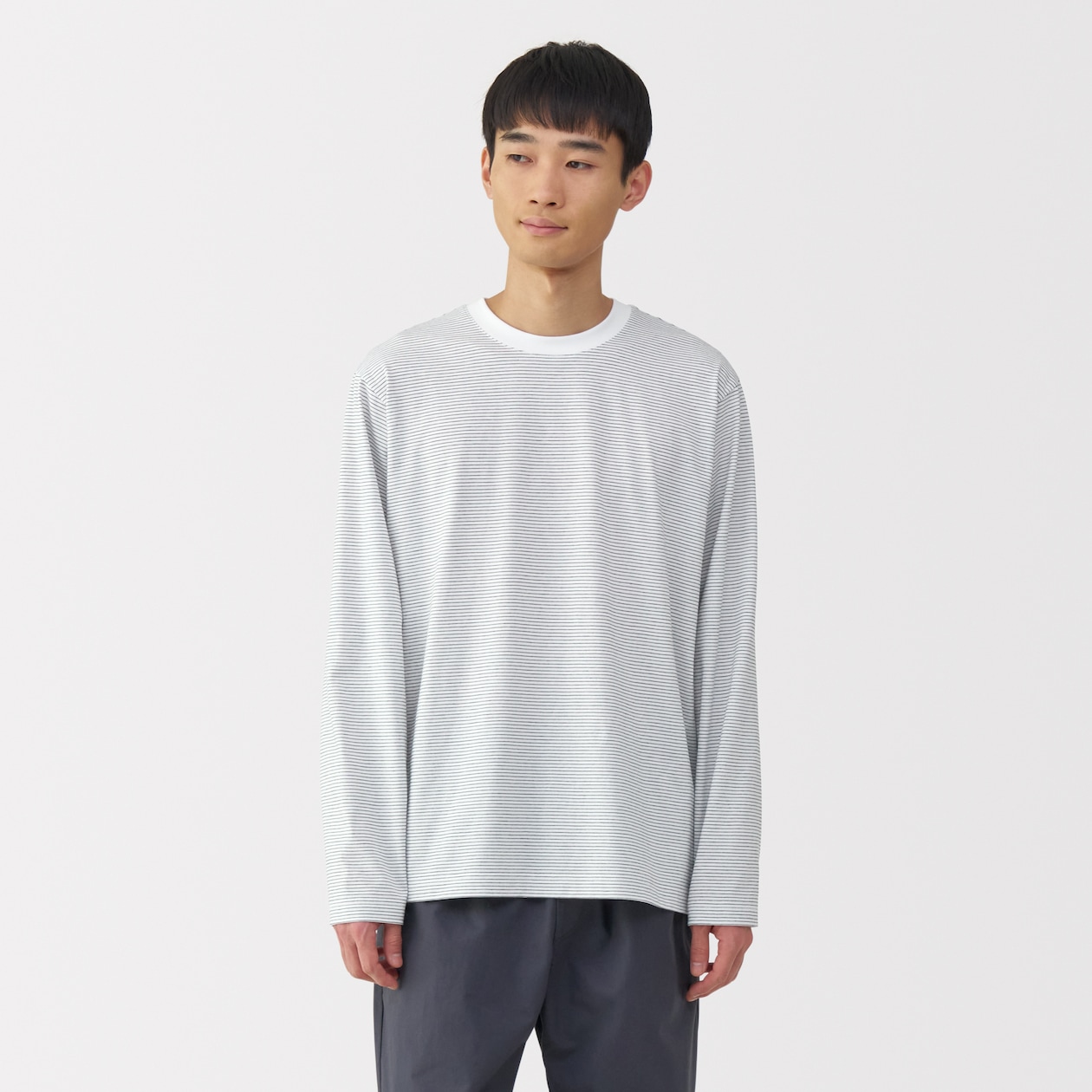 紳士　天竺編みクルーネック長袖Ｔシャツ（ボーダー）