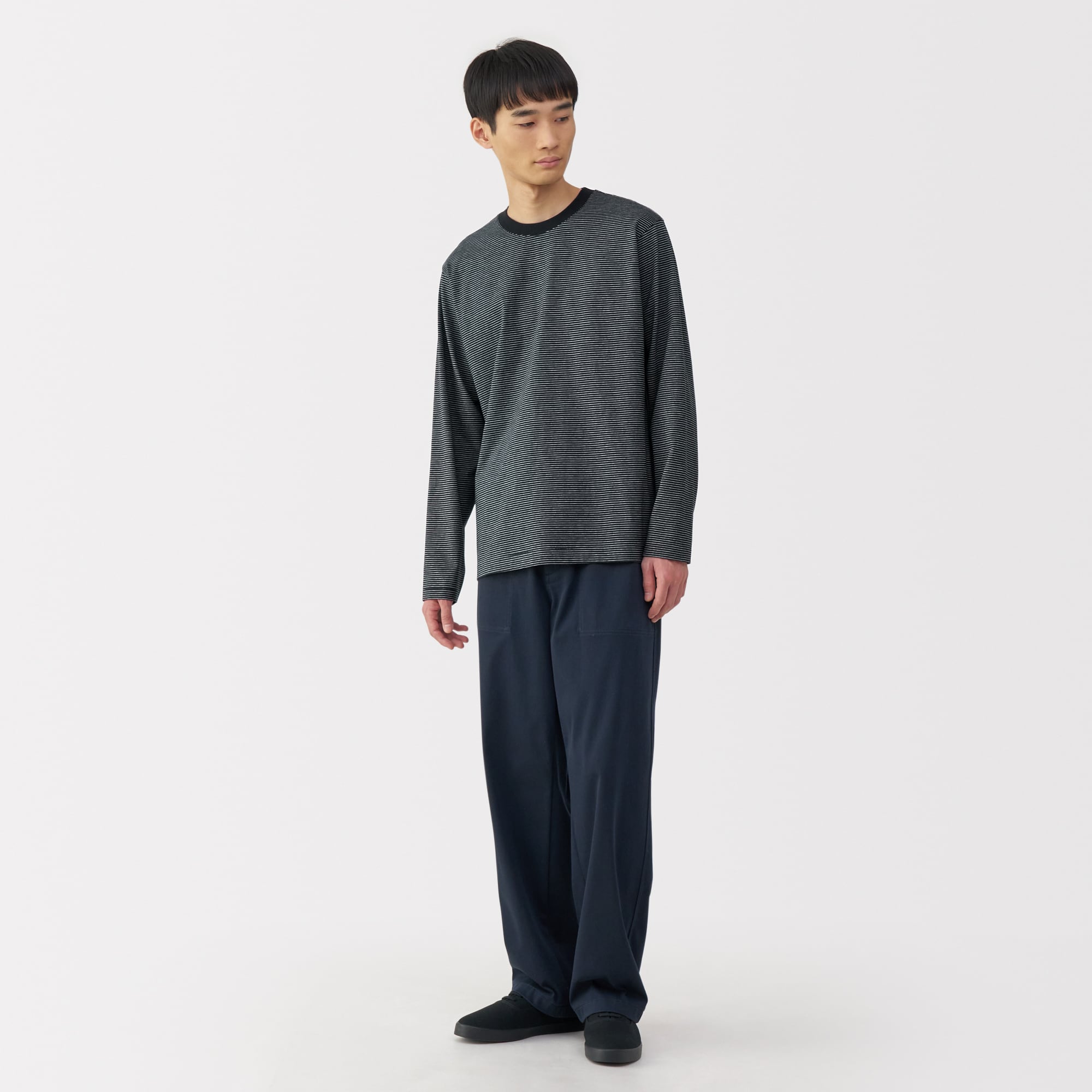 紳士　天竺編みクルーネック長袖Ｔシャツ（ボーダー）