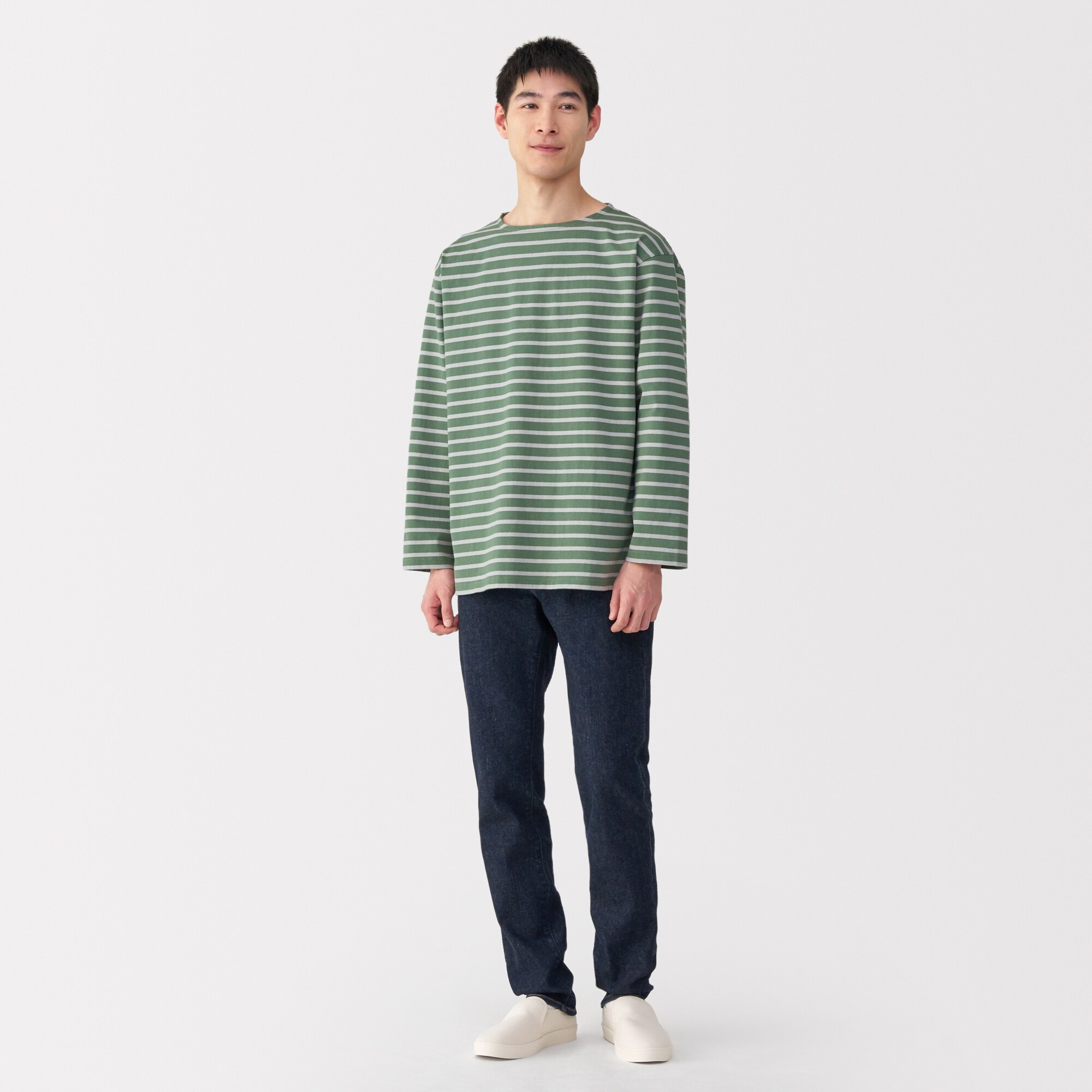 紳士　洗いざらし太番手ボートネック九分袖Ｔシャツ