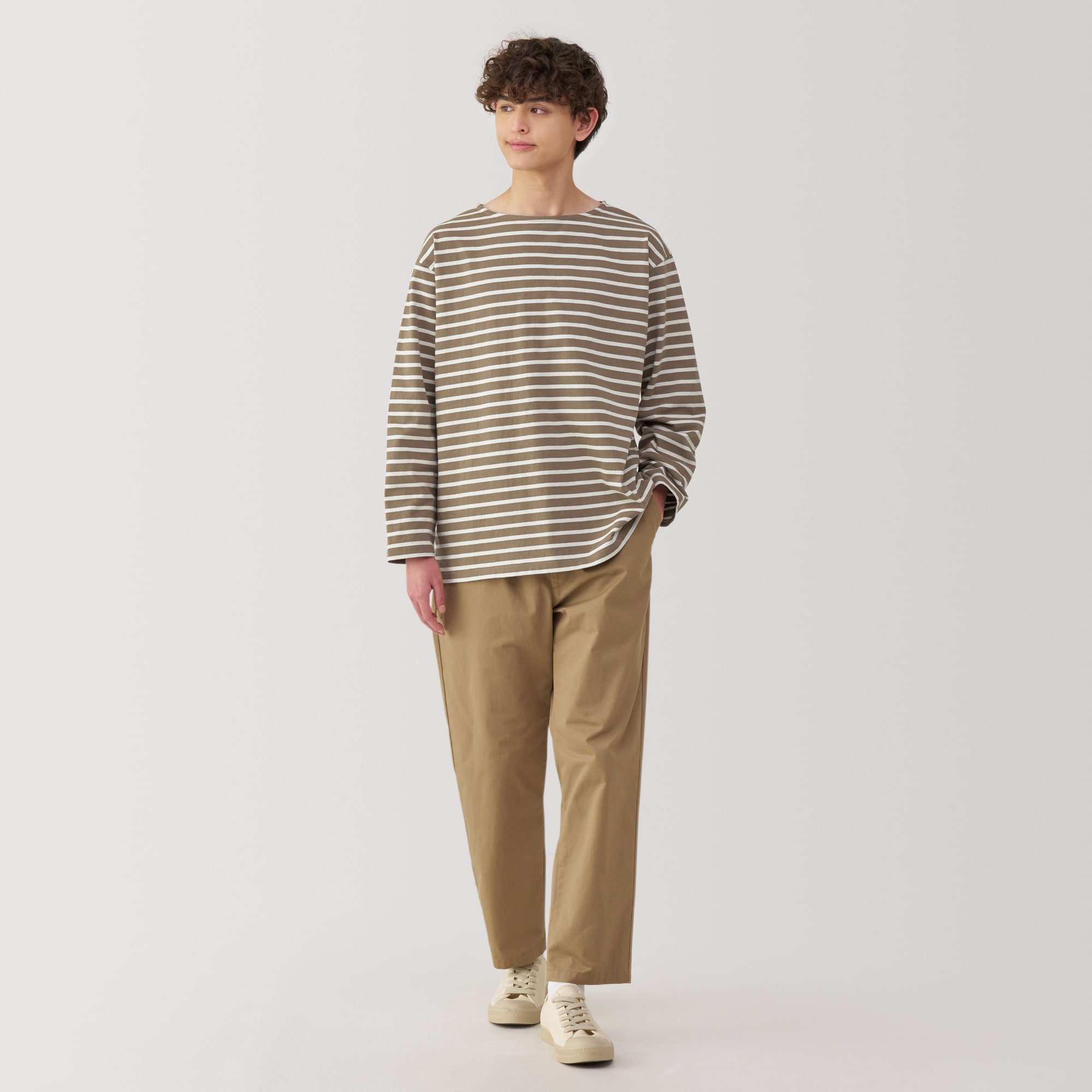 紳士　洗いざらし太番手ボートネック九分袖Ｔシャツ