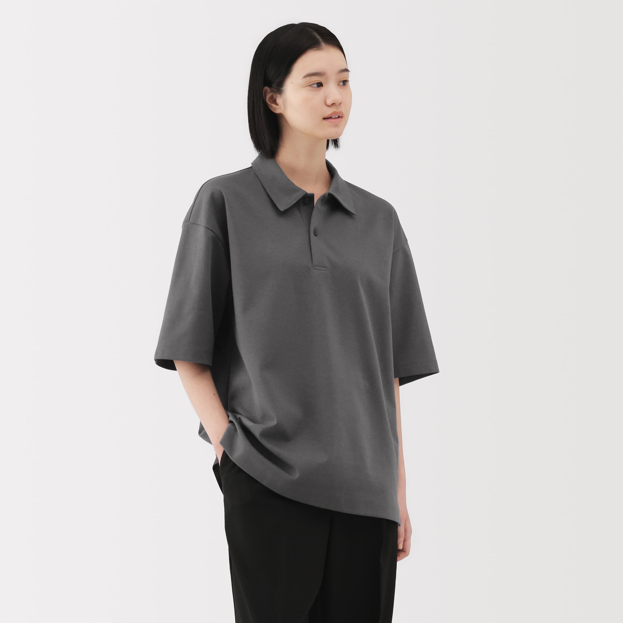 MUJI Labo ライトグレー 半袖シャツ 紳士 涼感UVカットワイド五分袖ポロシャツ | 無印良品