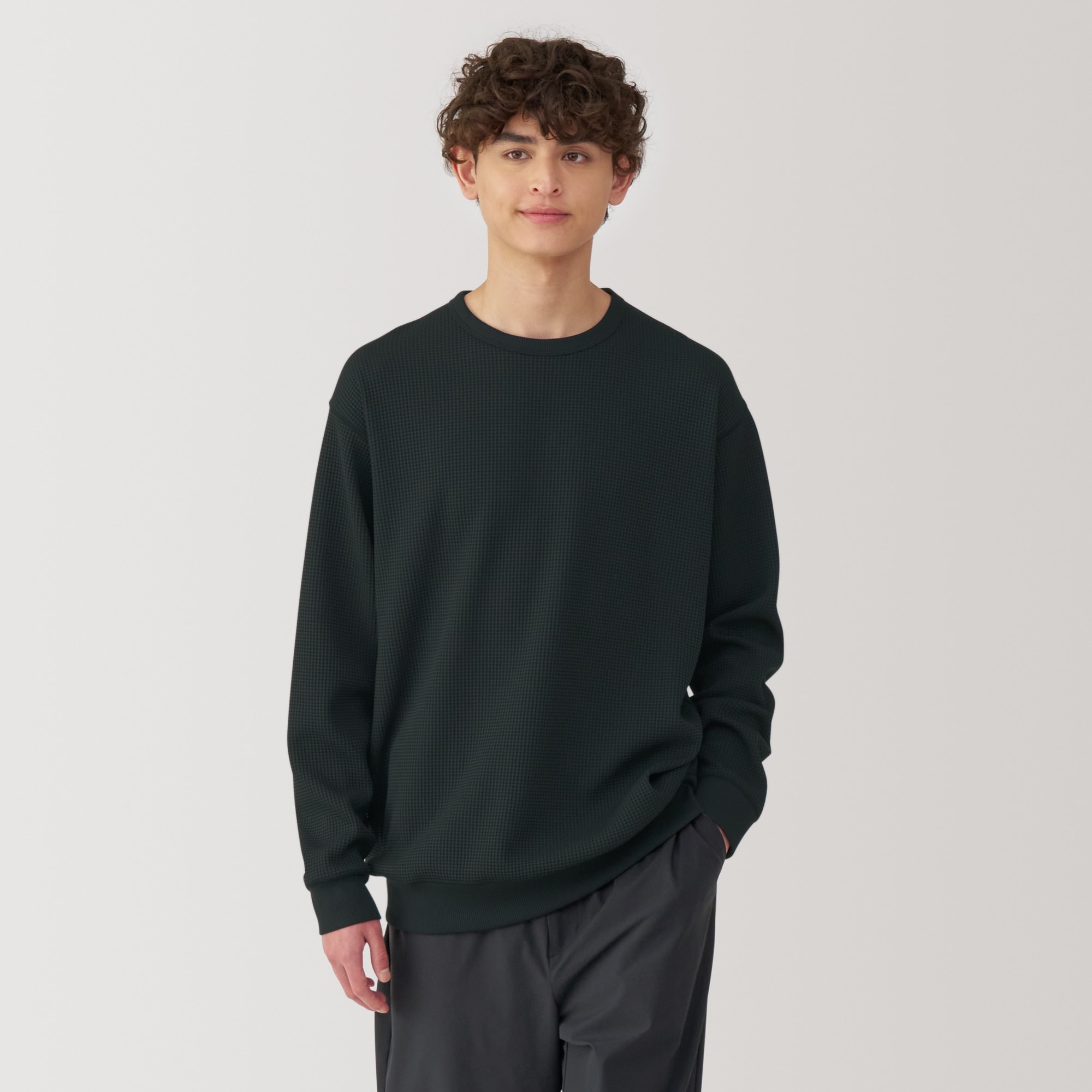 紳士 UVカット乾きやすいワッフルクルーネック長袖Tシャツ