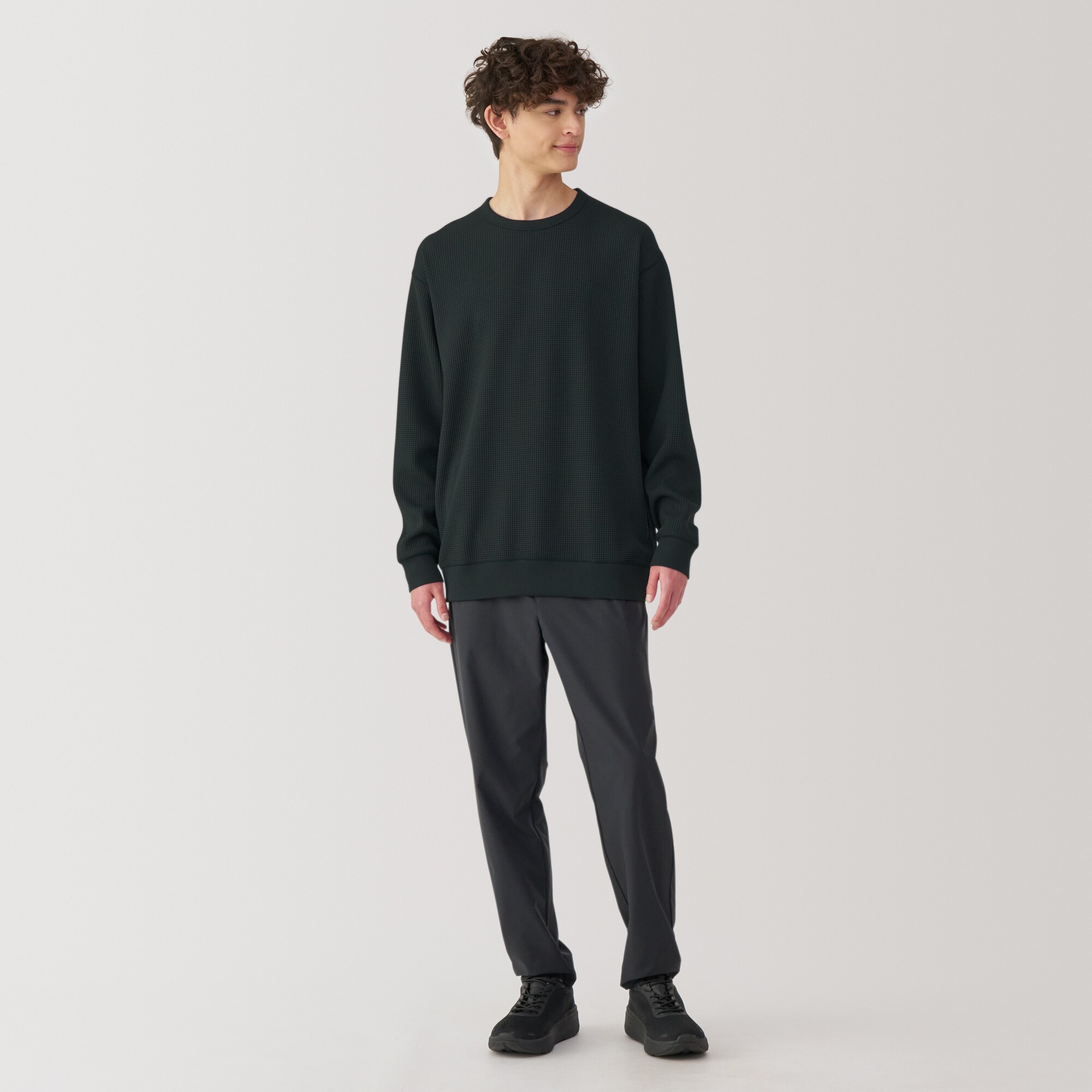 紳士 UVカット乾きやすいワッフルクルーネック長袖Tシャツ