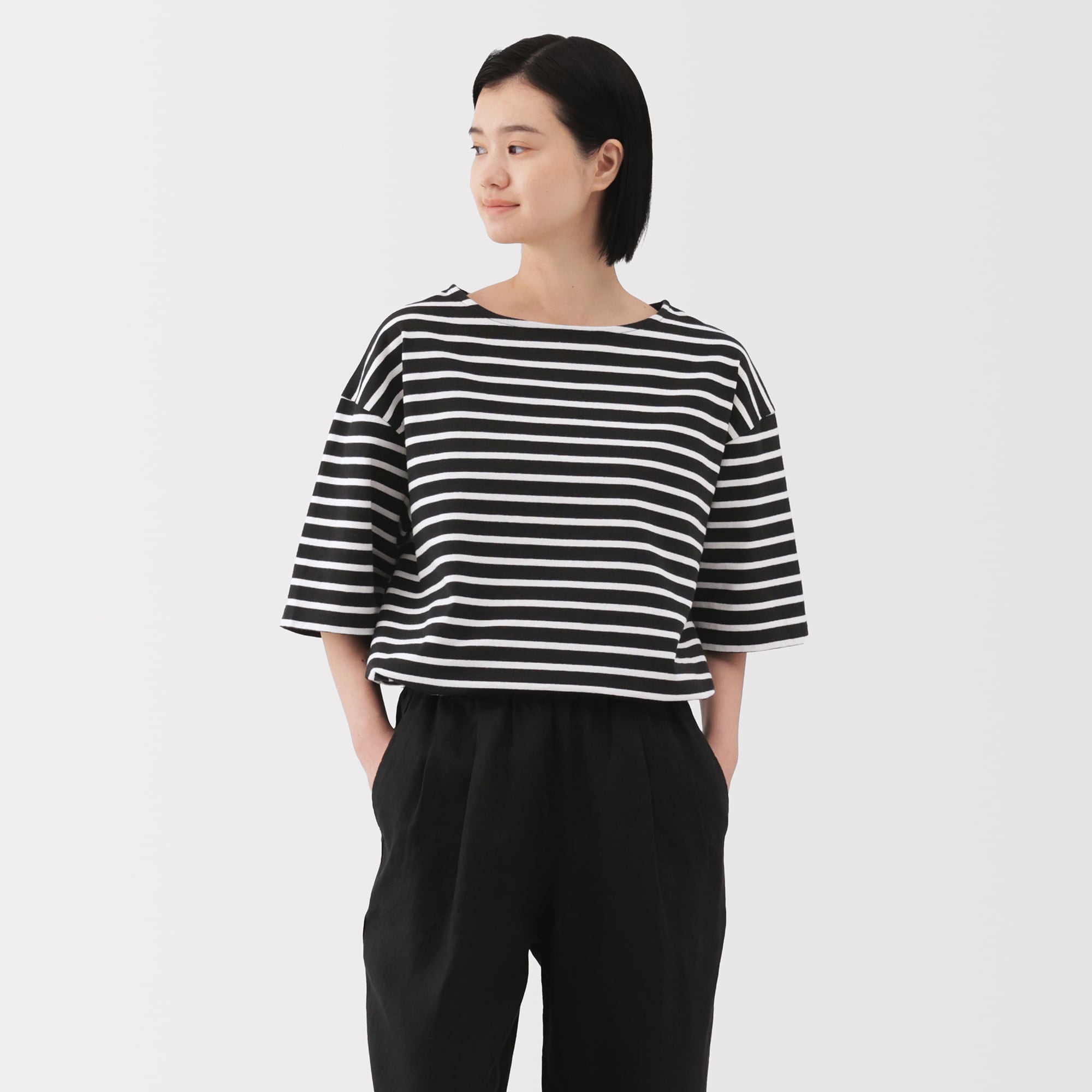 紳士　洗いざらし太番手ボートネック五分袖Ｔシャツ