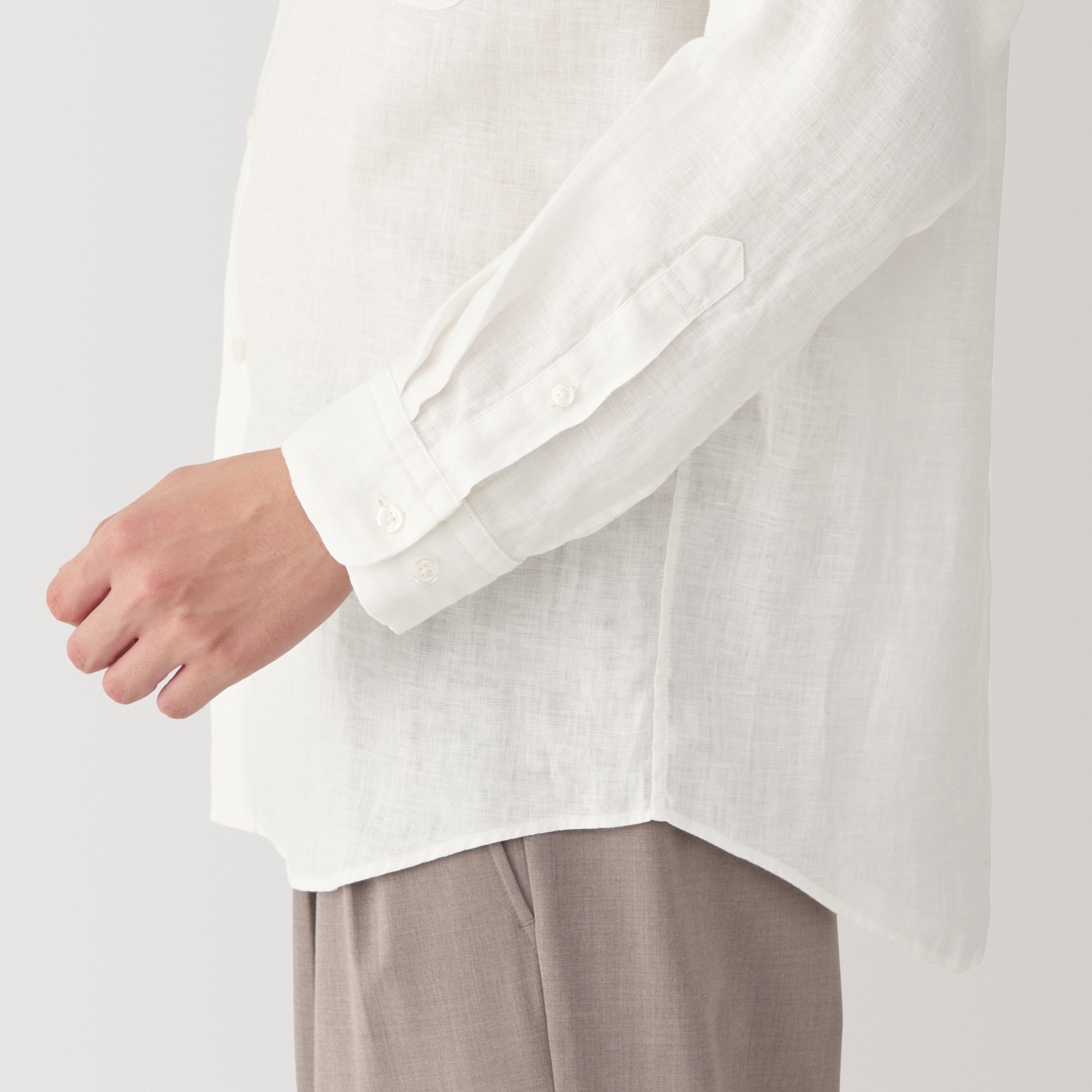 紳士　リネン洗いざらしスタンドカラー長袖シャツ