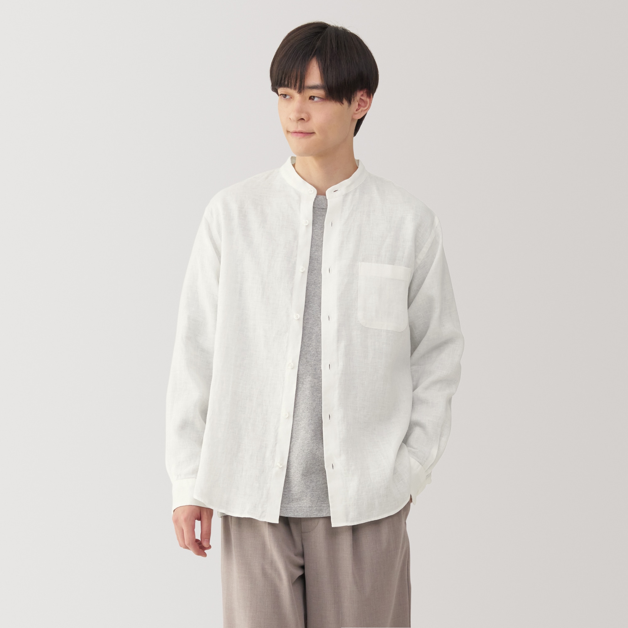 紳士 リネン洗いざらしスタンドカラー長袖シャツ | 無印良品