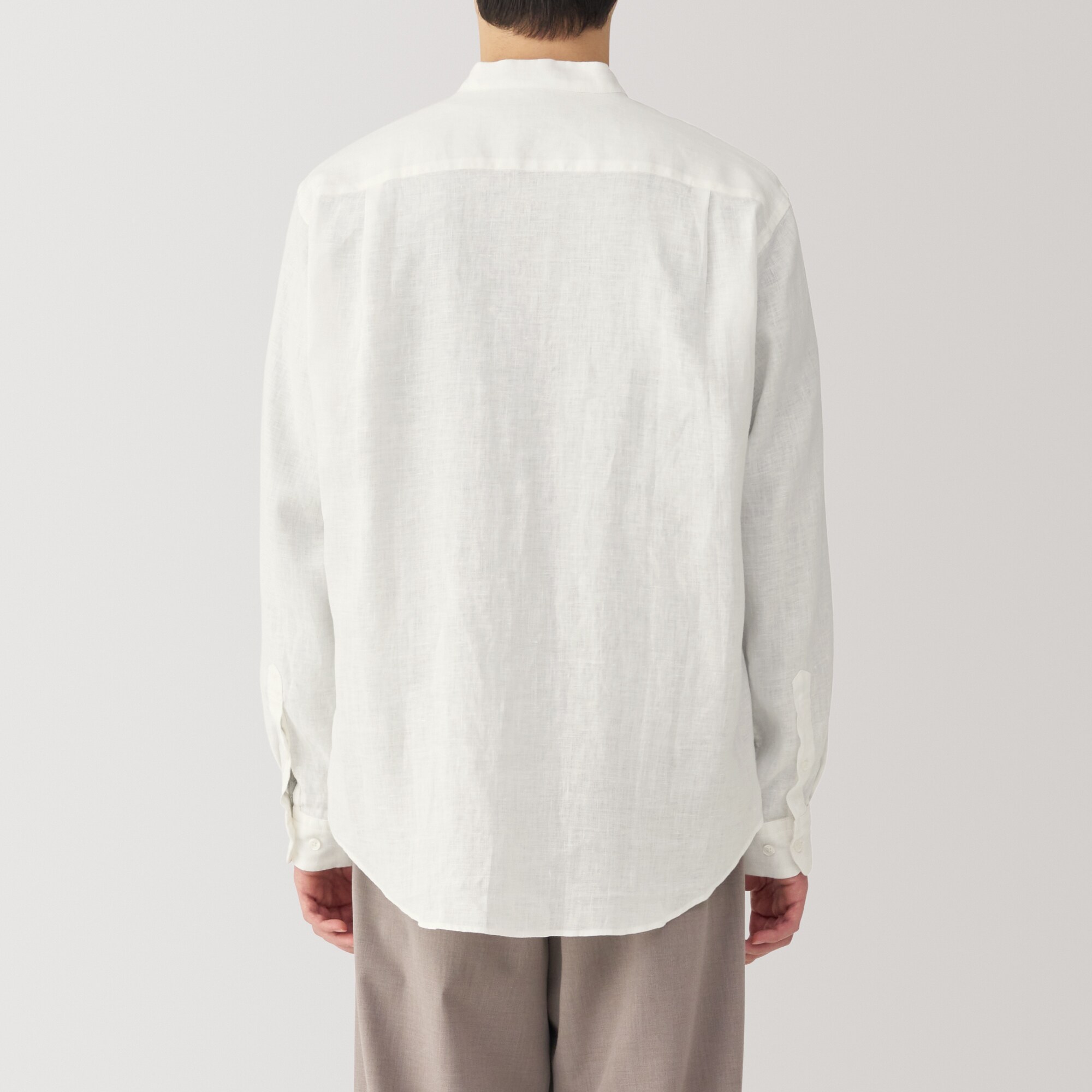 紳士　リネン洗いざらしスタンドカラー長袖シャツ