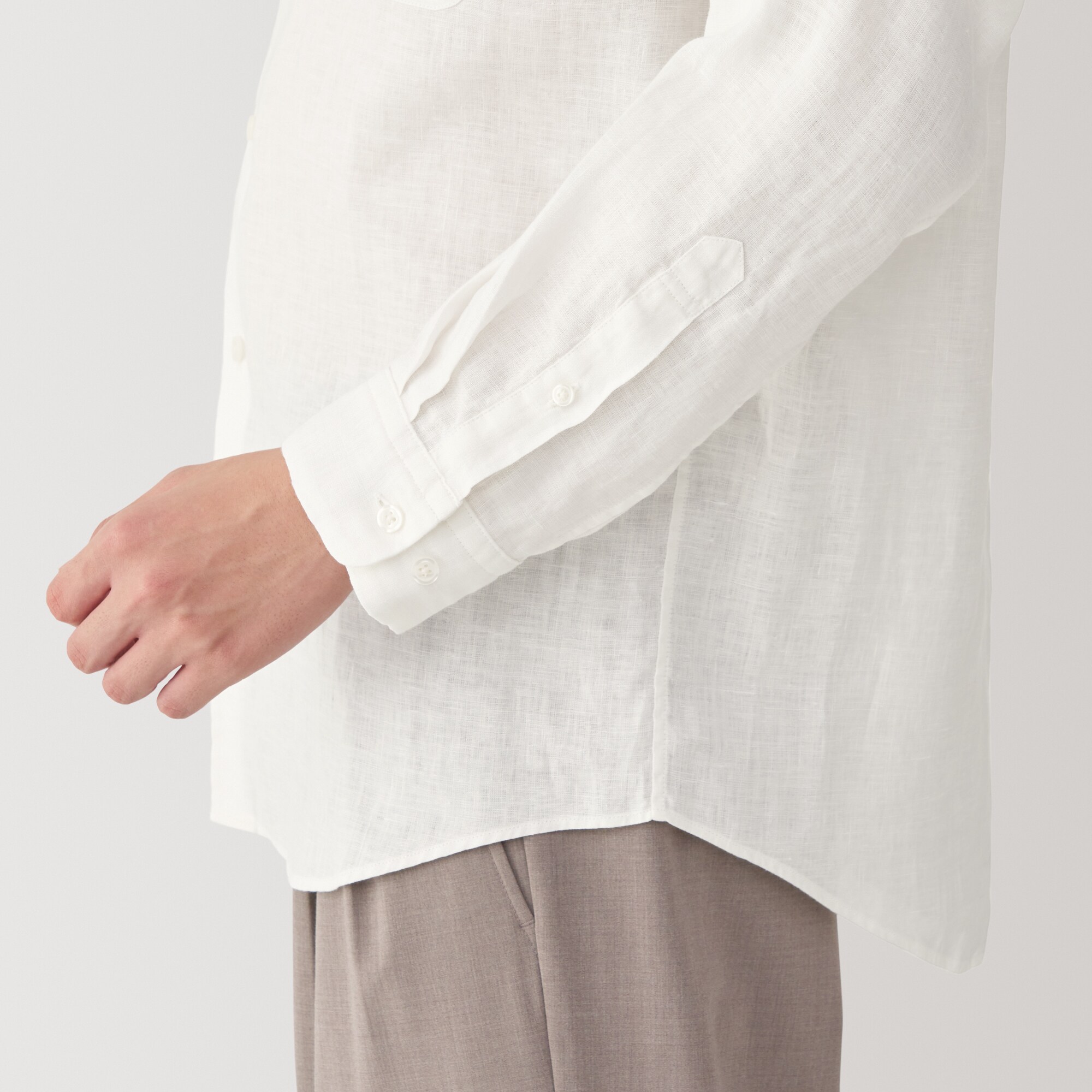 紳士　リネン洗いざらしスタンドカラー長袖シャツ