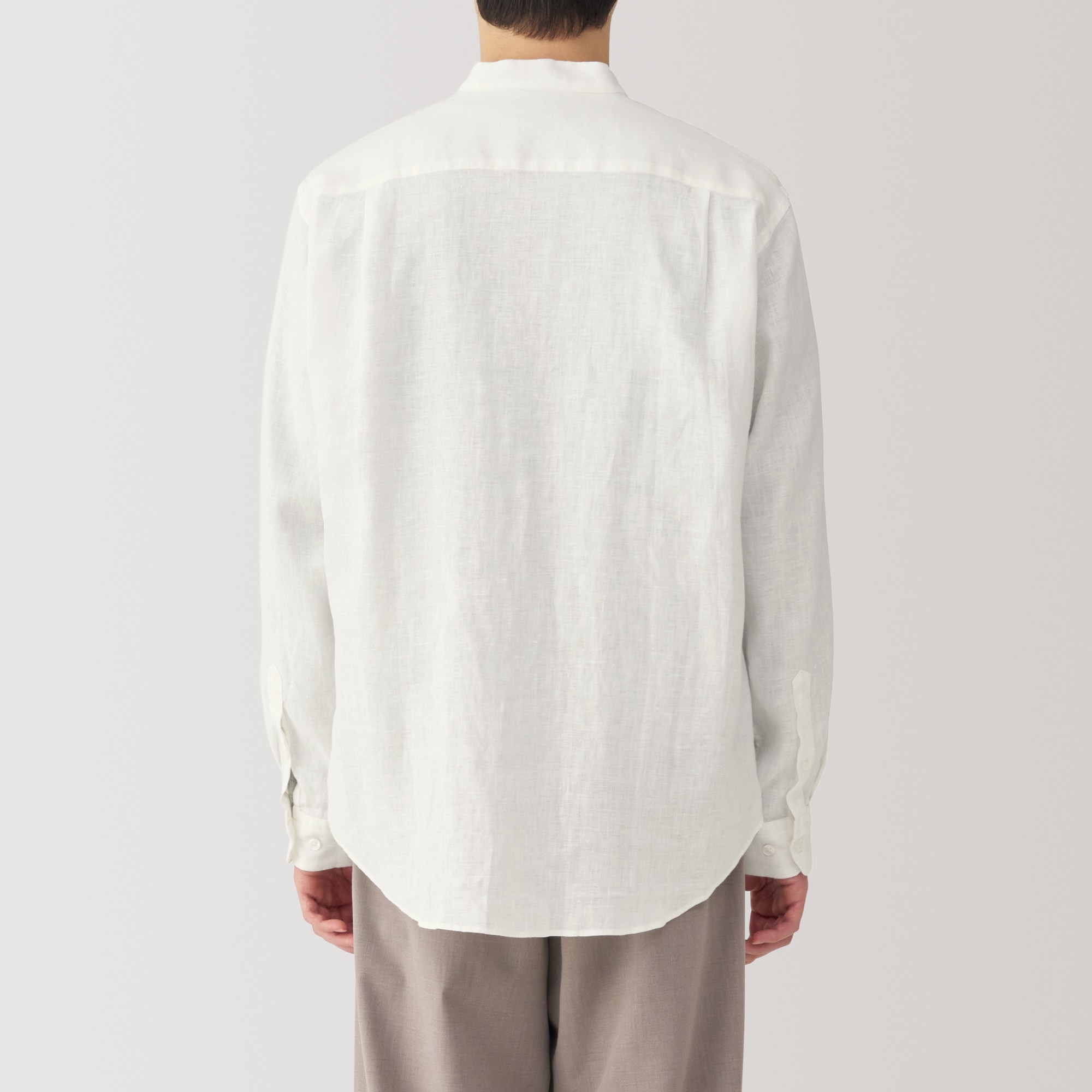 紳士　リネン洗いざらしスタンドカラー長袖シャツ
