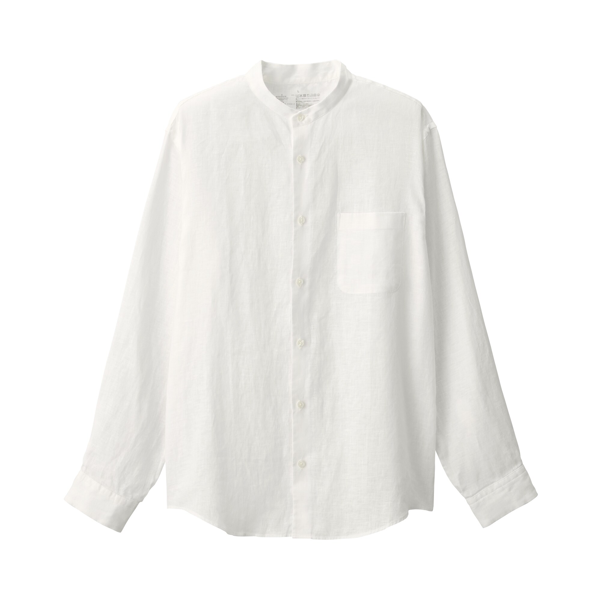紳士　リネン洗いざらしスタンドカラー長袖シャツ