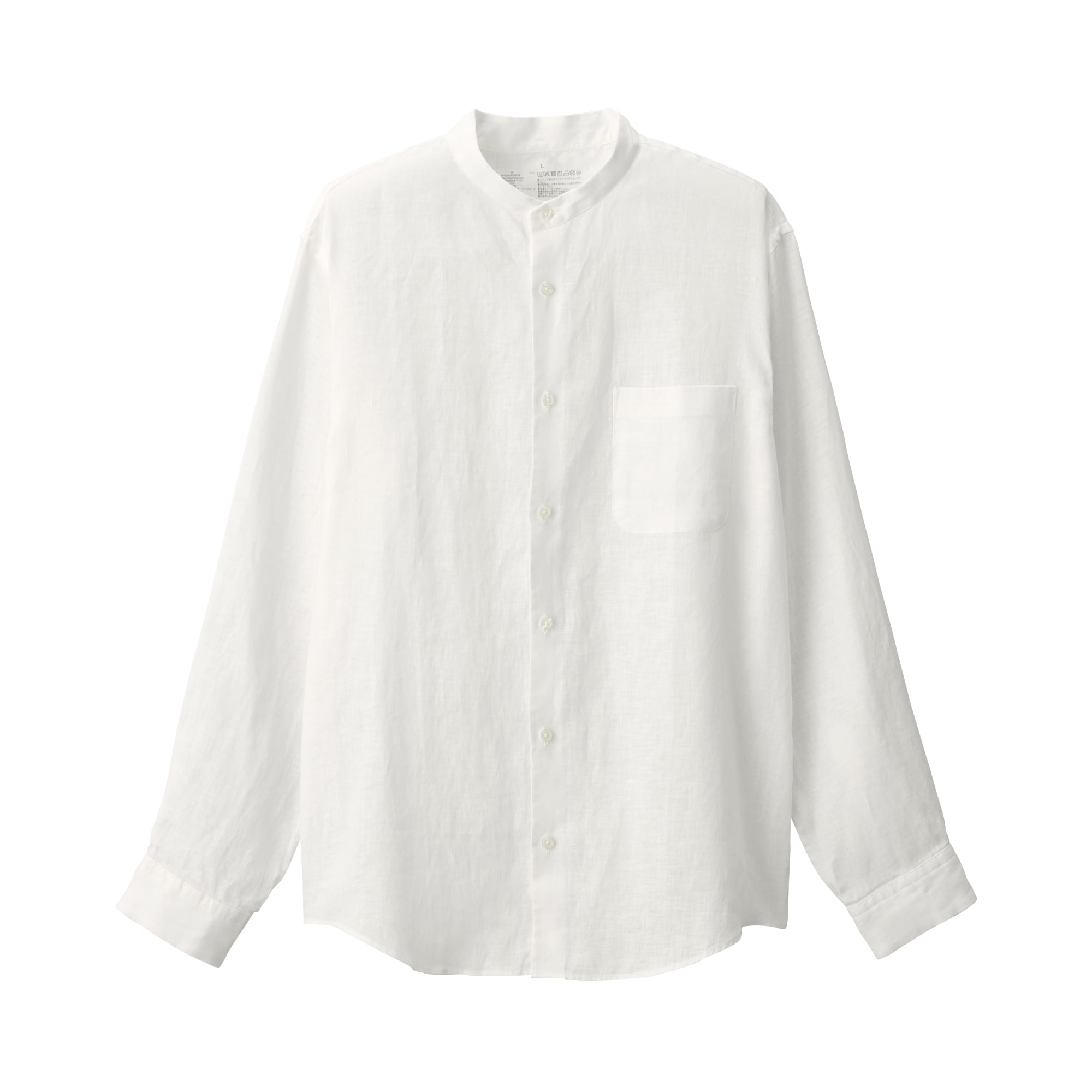 紳士　リネン洗いざらしスタンドカラー長袖シャツ