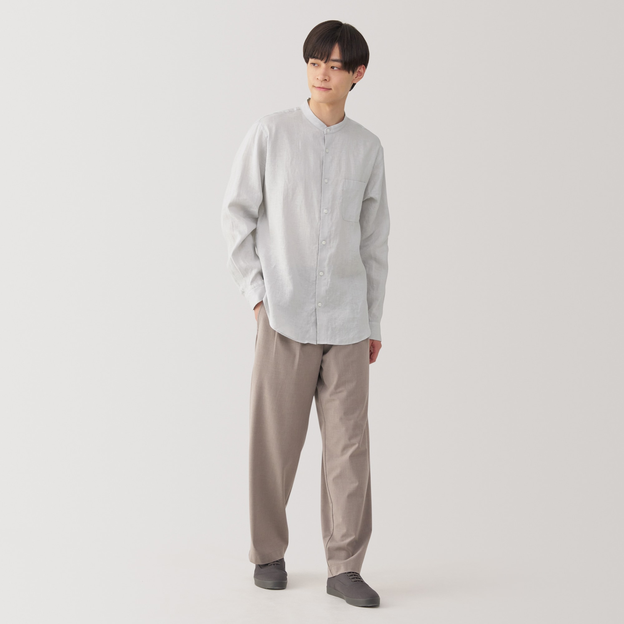 紳士 リネン洗いざらしスタンドカラー長袖シャツ | 無印良品