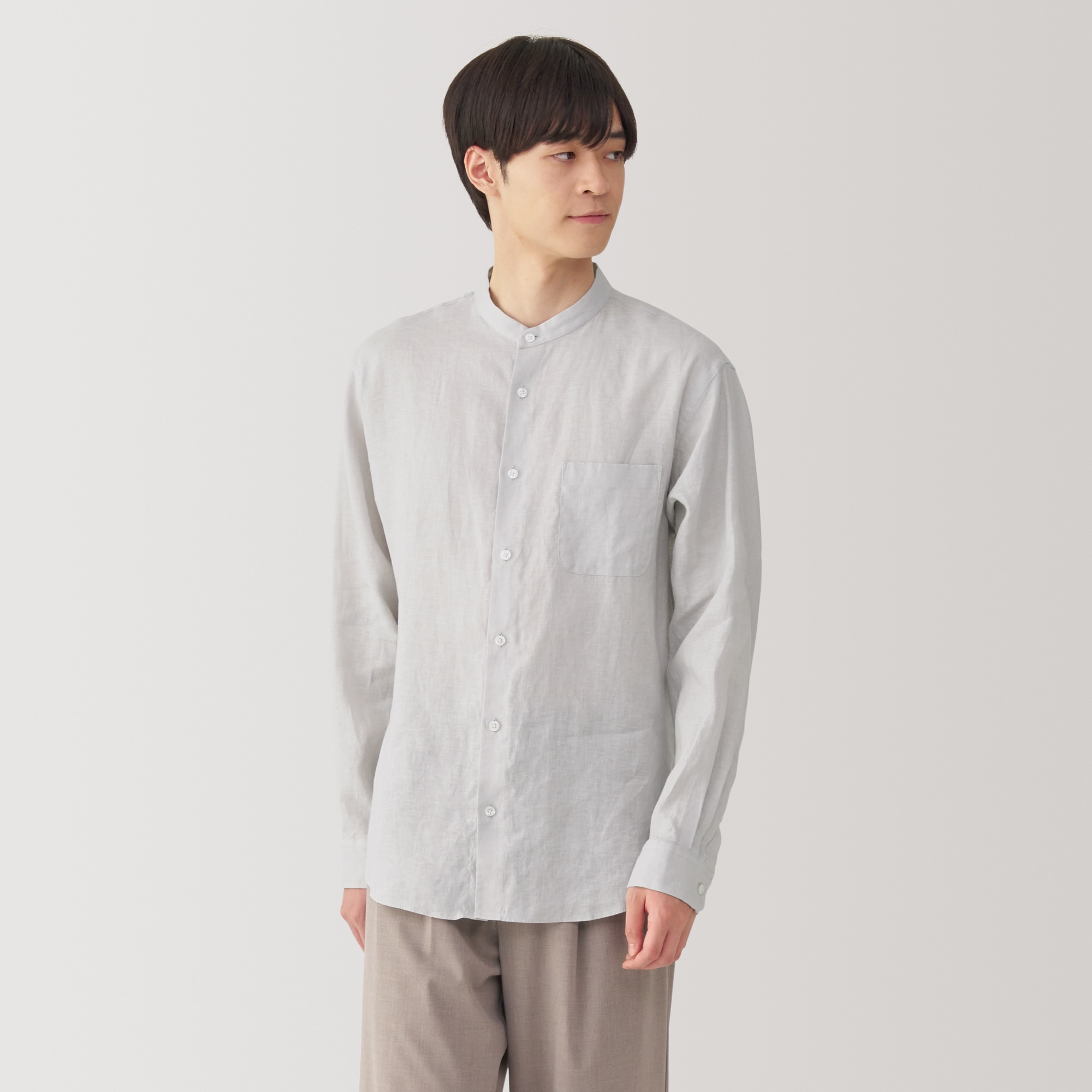 無印　リネンスタンドカラー長袖シャツ3枚セット XL セール】紳士 リネン洗いざらしスタンドカラー長袖シャツ