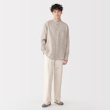 紳士　リネン洗いざらしスタンドカラー長袖シャツ