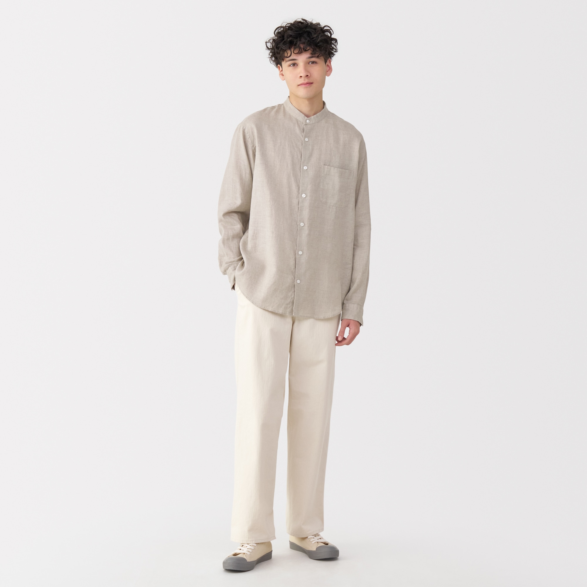 紳士　リネン洗いざらしスタンドカラー長袖シャツ
