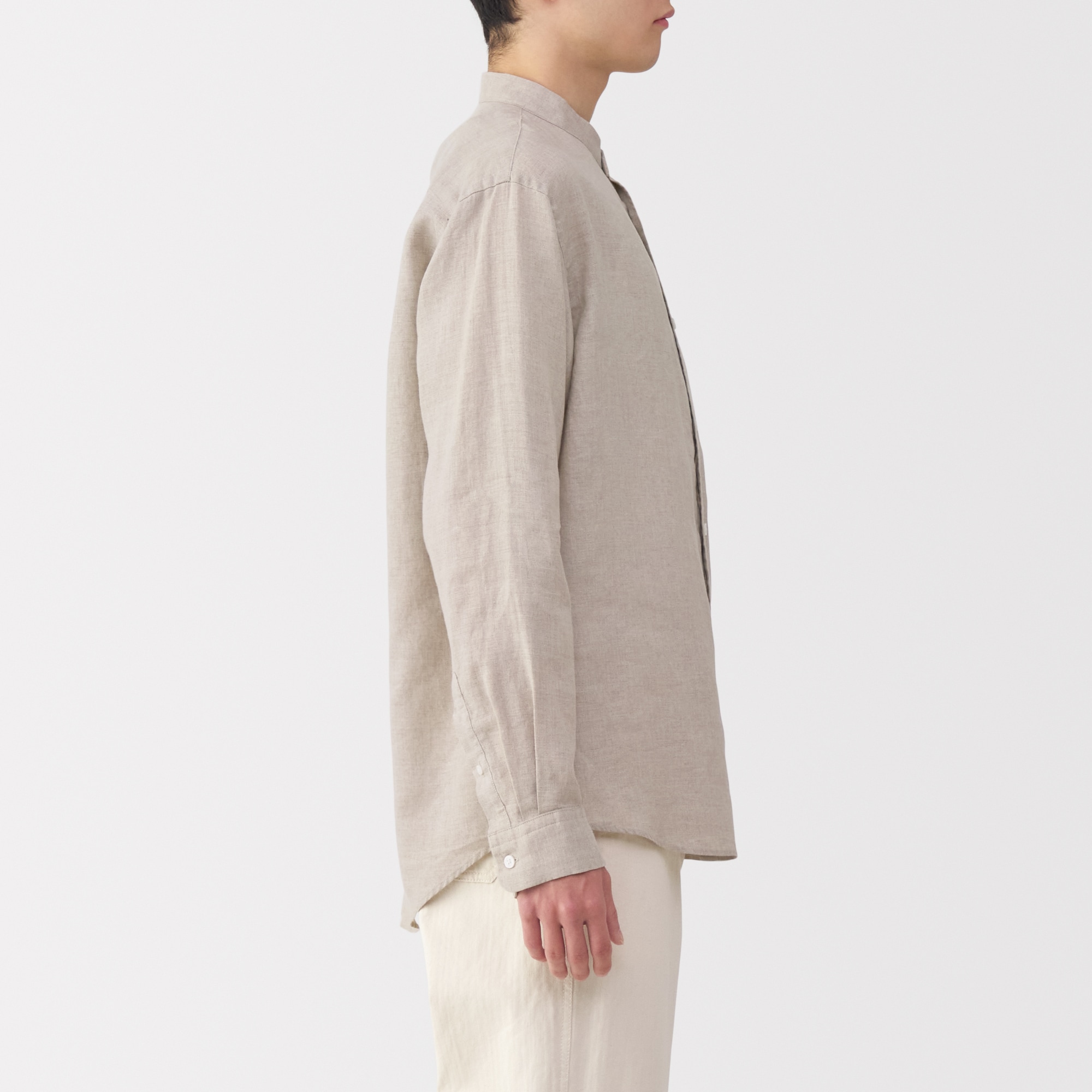 紳士　リネン洗いざらしスタンドカラー長袖シャツ