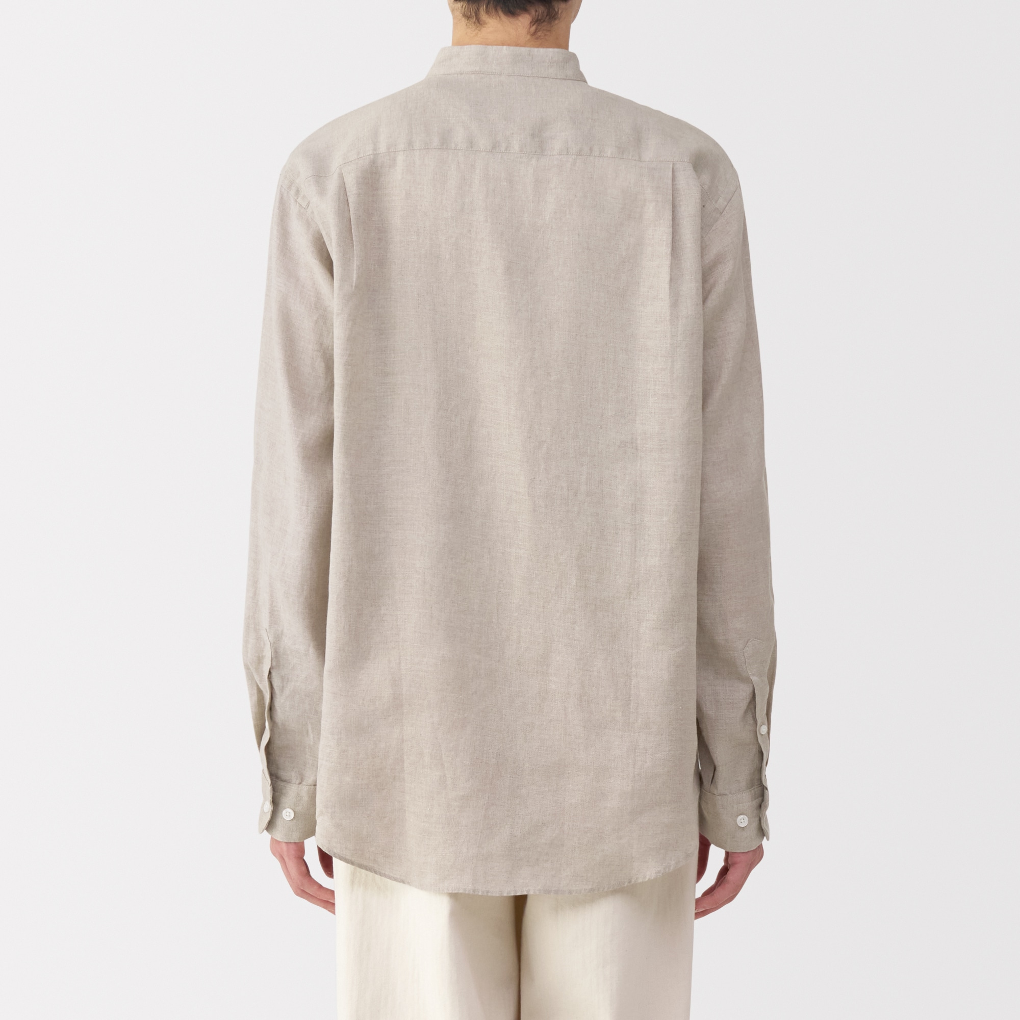 紳士　リネン洗いざらしスタンドカラー長袖シャツ