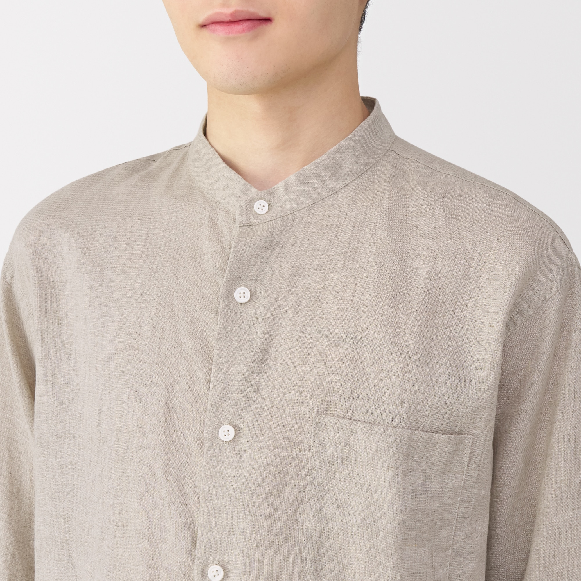 紳士　リネン洗いざらしスタンドカラー長袖シャツ