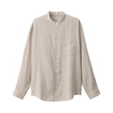 紳士　リネン洗いざらしスタンドカラー長袖シャツ