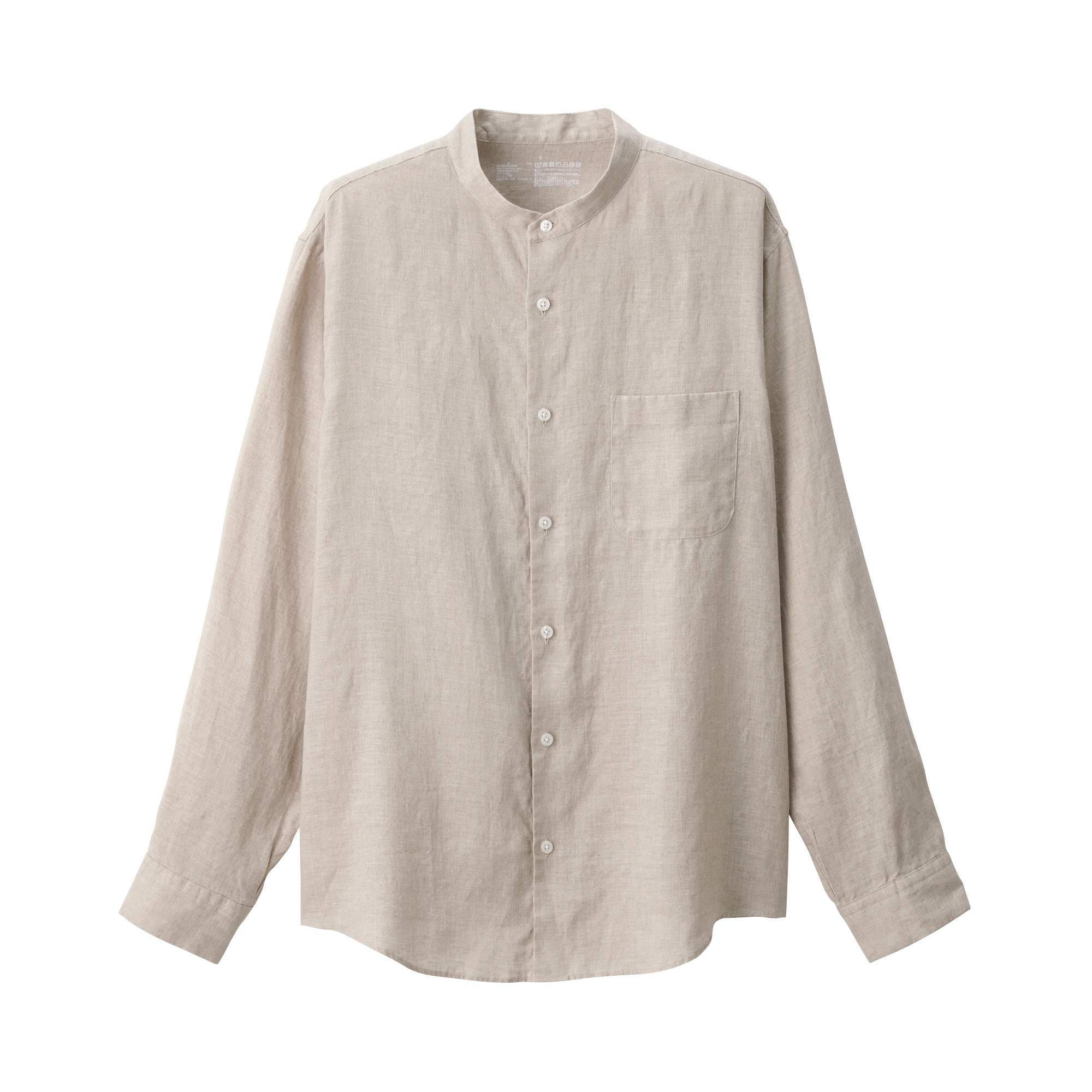 紳士　リネン洗いざらしスタンドカラー長袖シャツ