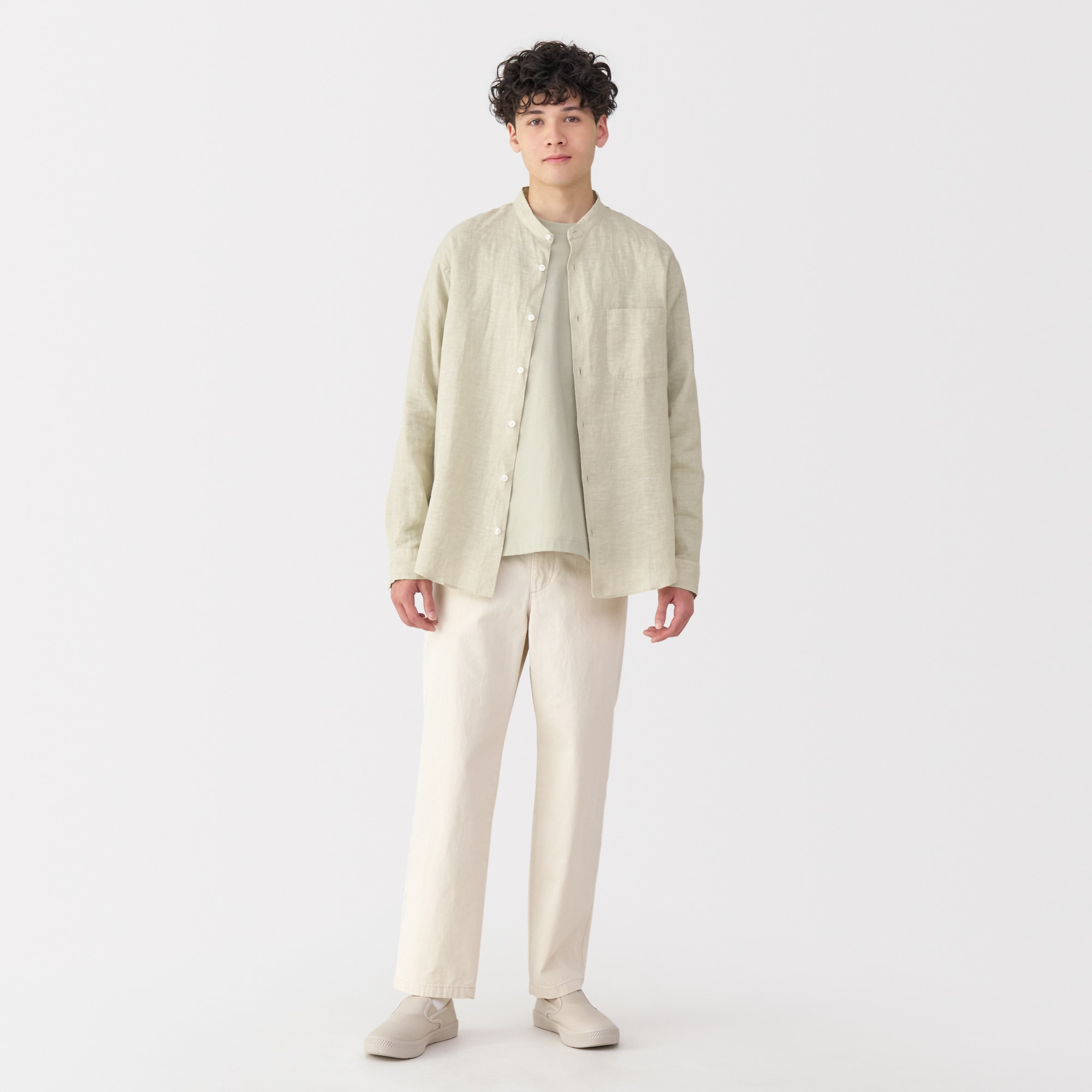 紳士　リネン洗いざらしスタンドカラー長袖シャツ