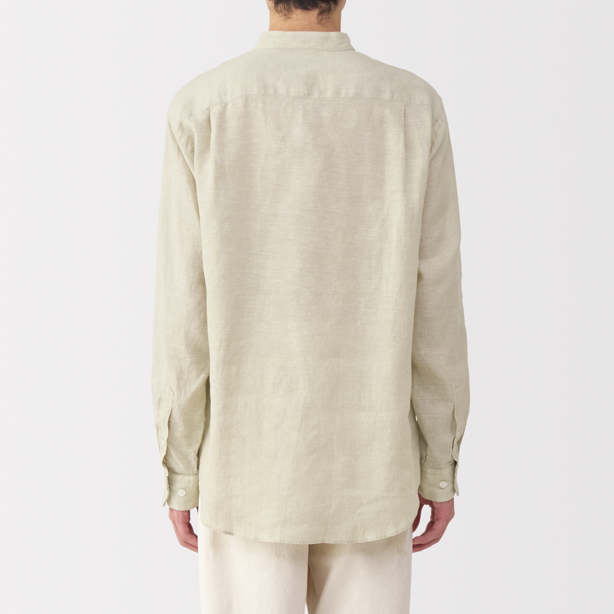 紳士　リネン洗いざらしスタンドカラー長袖シャツ