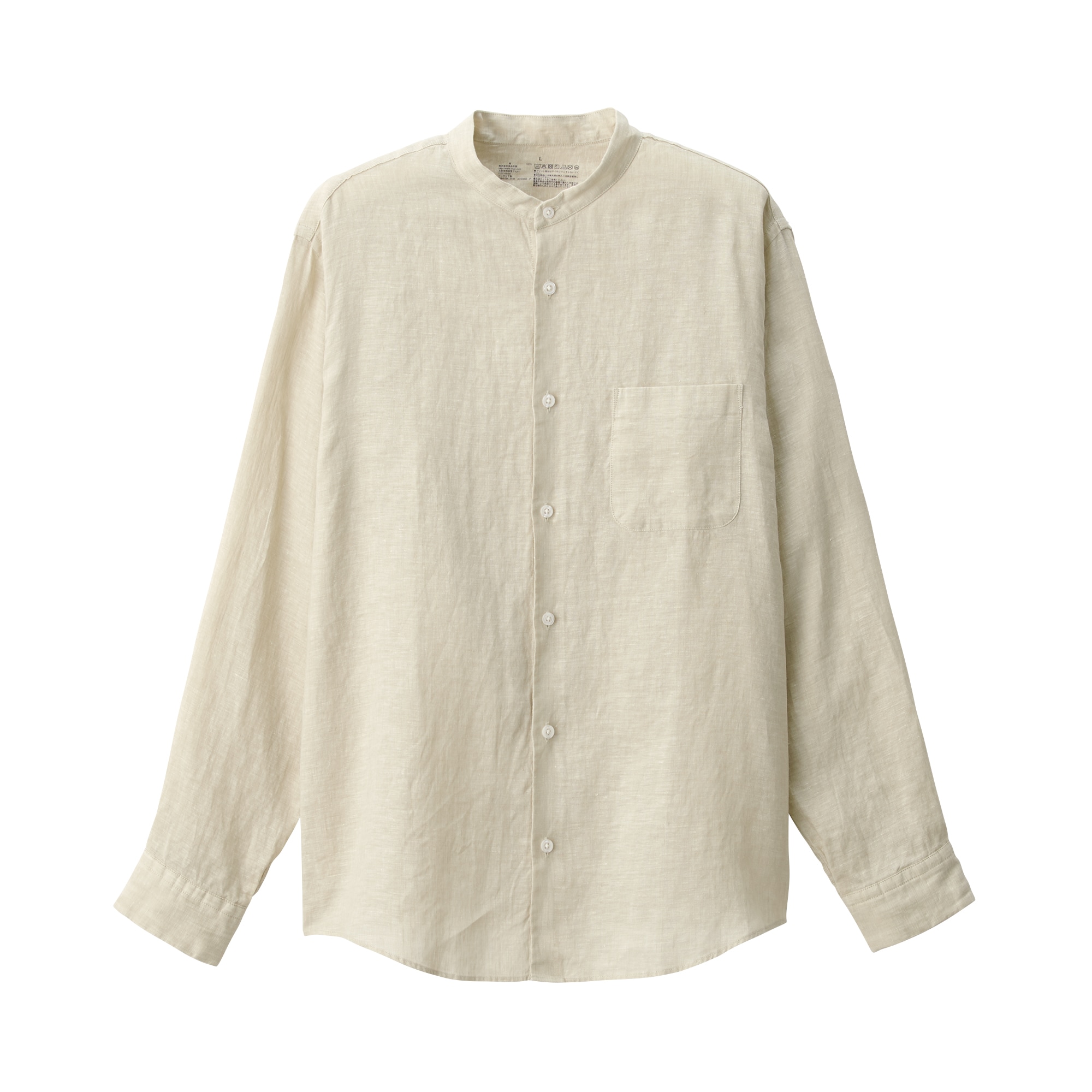 紳士　リネン洗いざらしスタンドカラー長袖シャツ