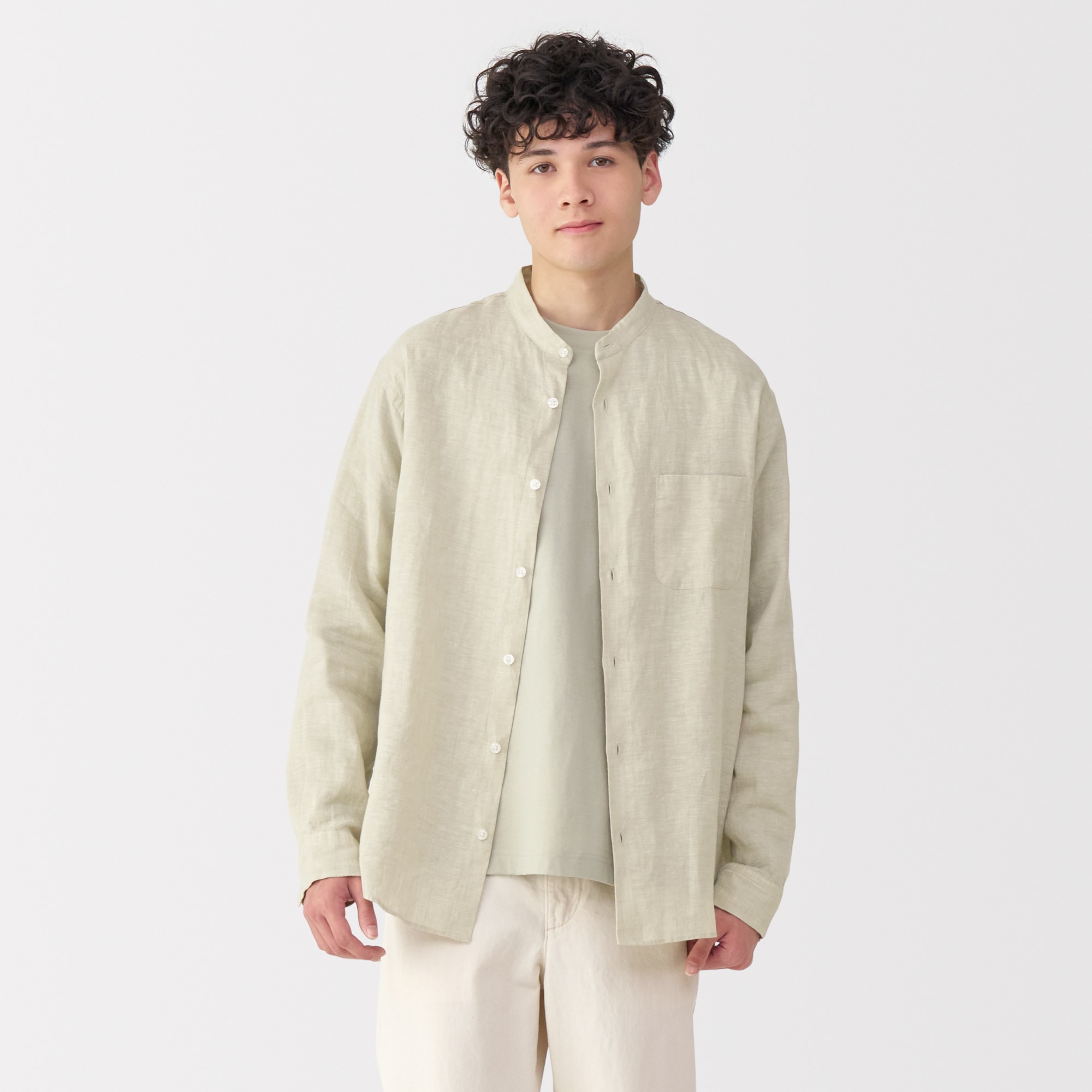 紳士 リネン洗いざらしスタンドカラー長袖シャツ | 無印良品