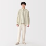 紳士　リネン洗いざらしスタンドカラー長袖シャツ