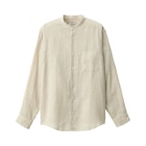 紳士　リネン洗いざらしスタンドカラー長袖シャツ