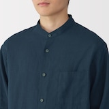 紳士　リネン洗いざらしスタンドカラー長袖シャツ