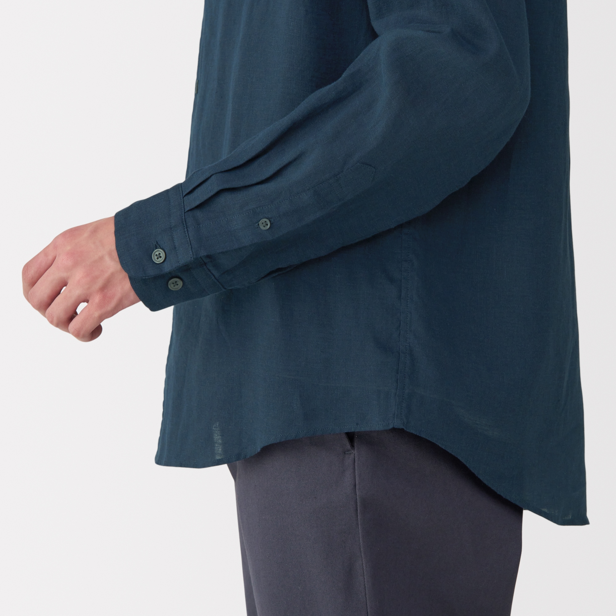 紳士　リネン洗いざらしスタンドカラー長袖シャツ