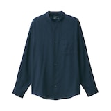 紳士　リネン洗いざらしスタンドカラー長袖シャツ