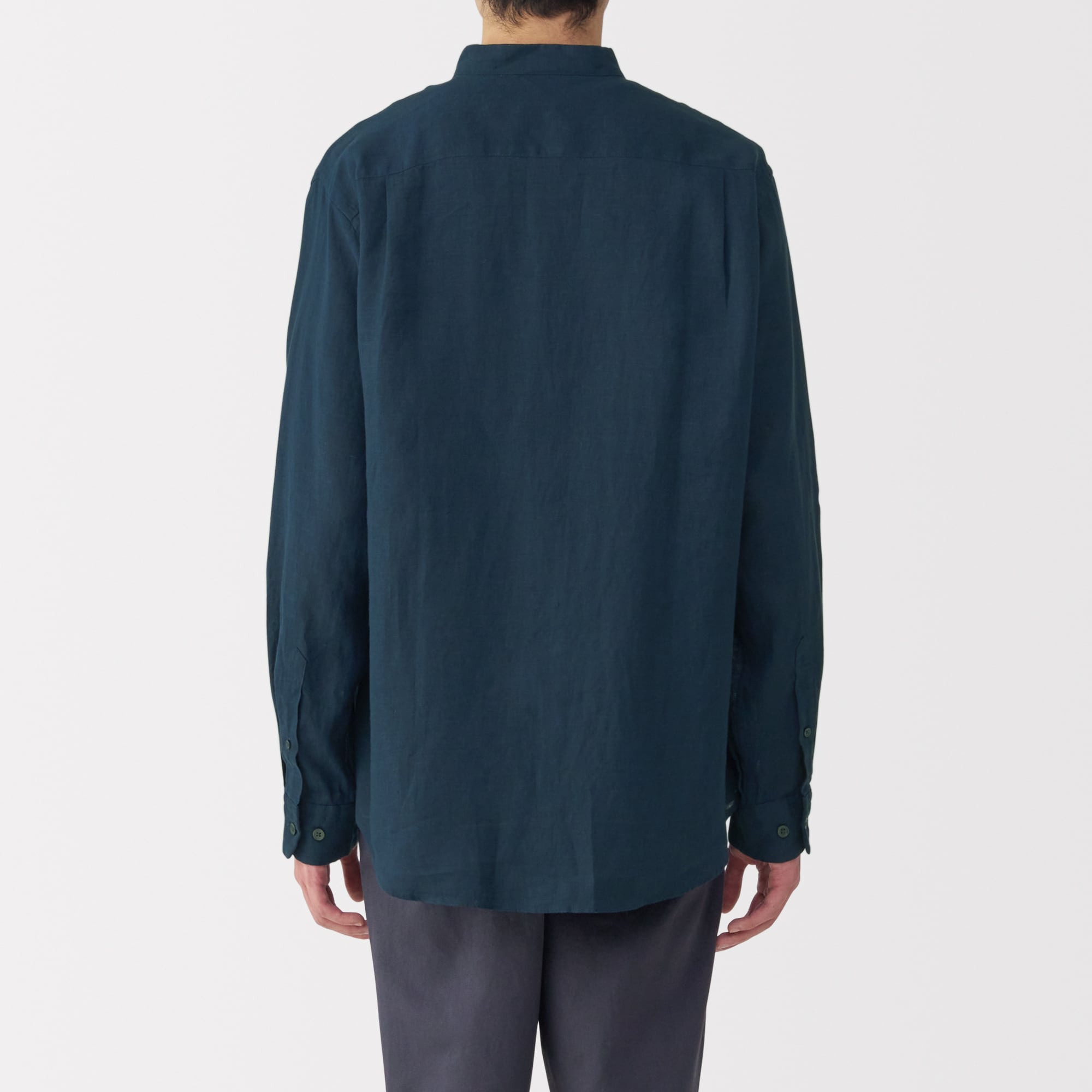 紳士　リネン洗いざらしスタンドカラー長袖シャツ