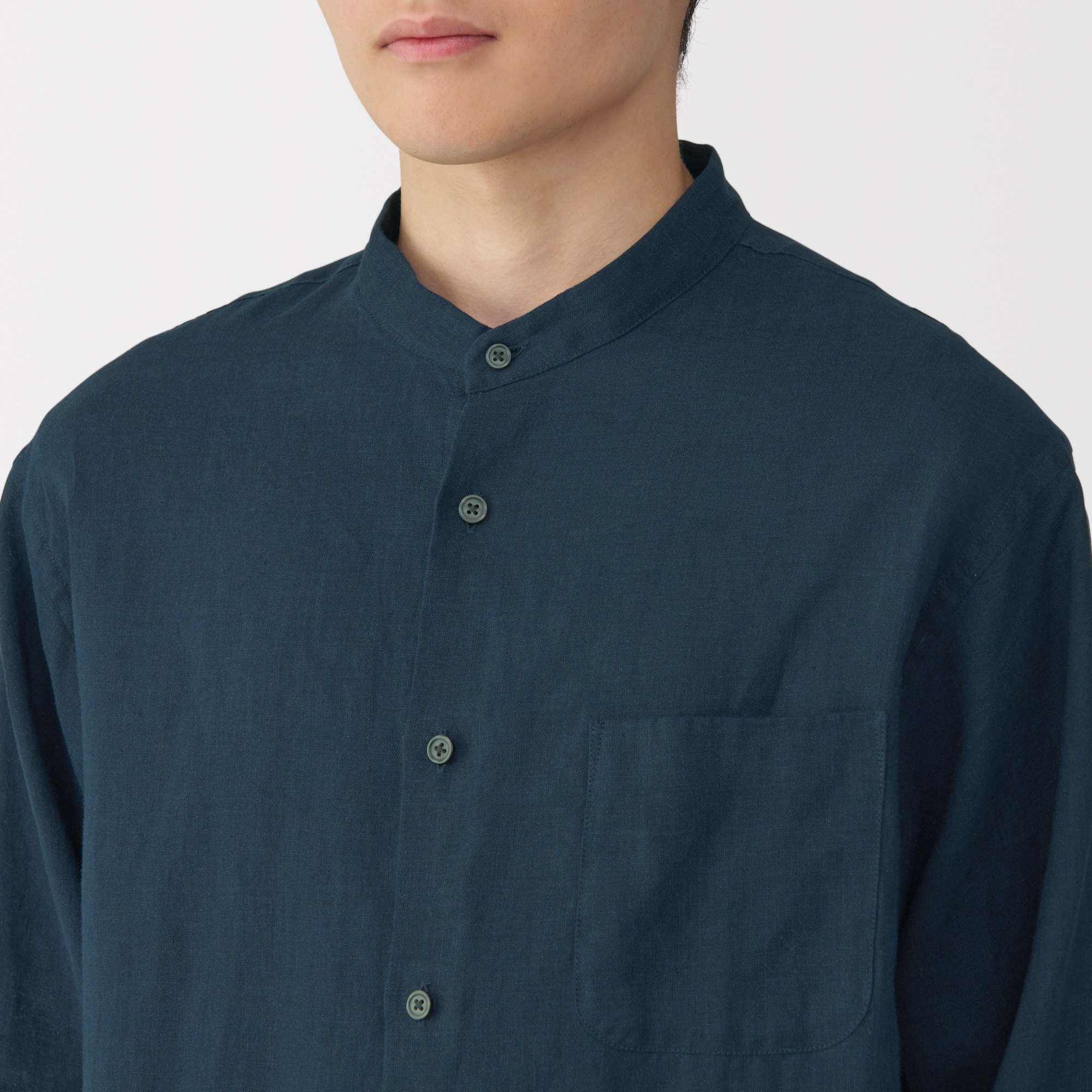 紳士　リネン洗いざらしスタンドカラー長袖シャツ