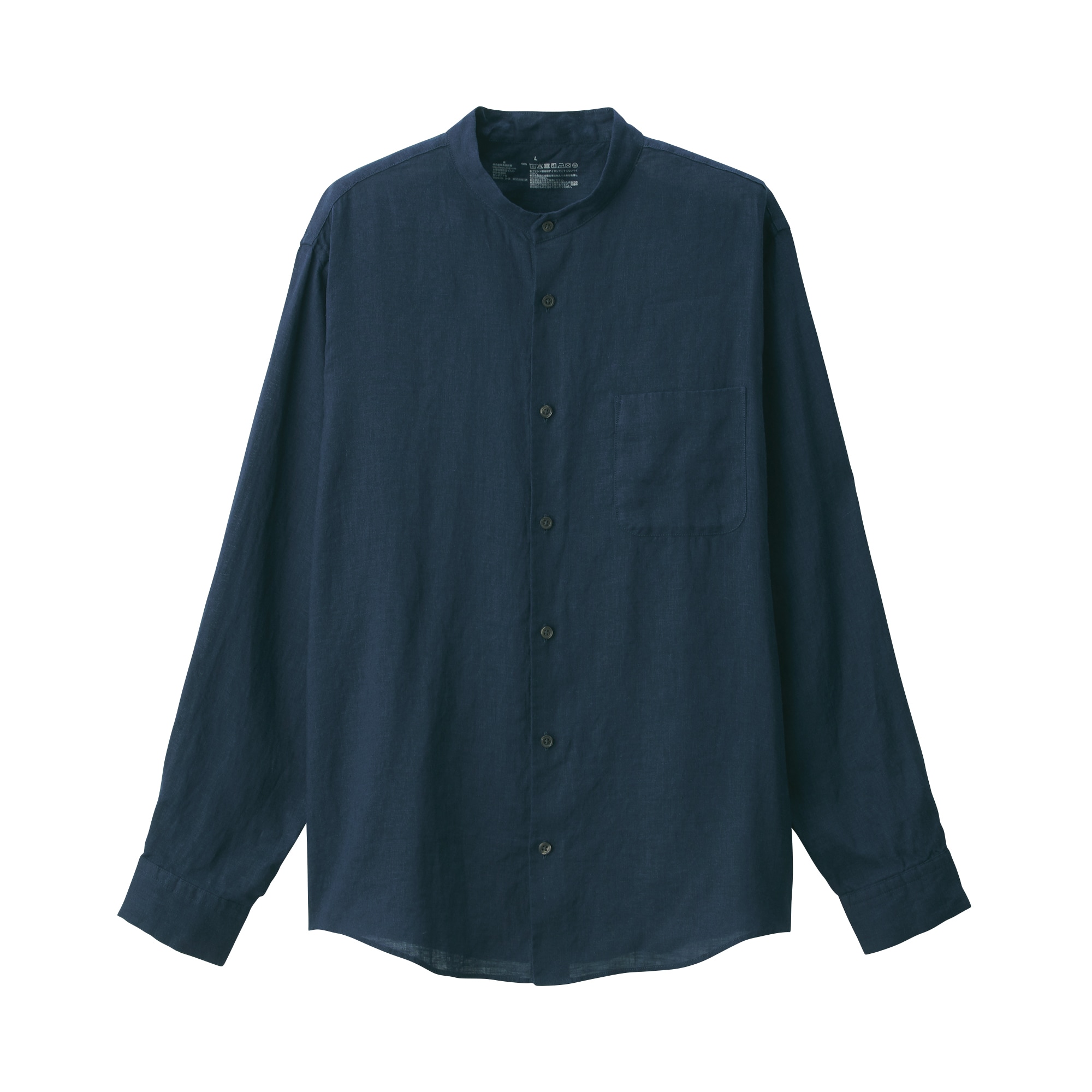 紳士　リネン洗いざらしスタンドカラー長袖シャツ